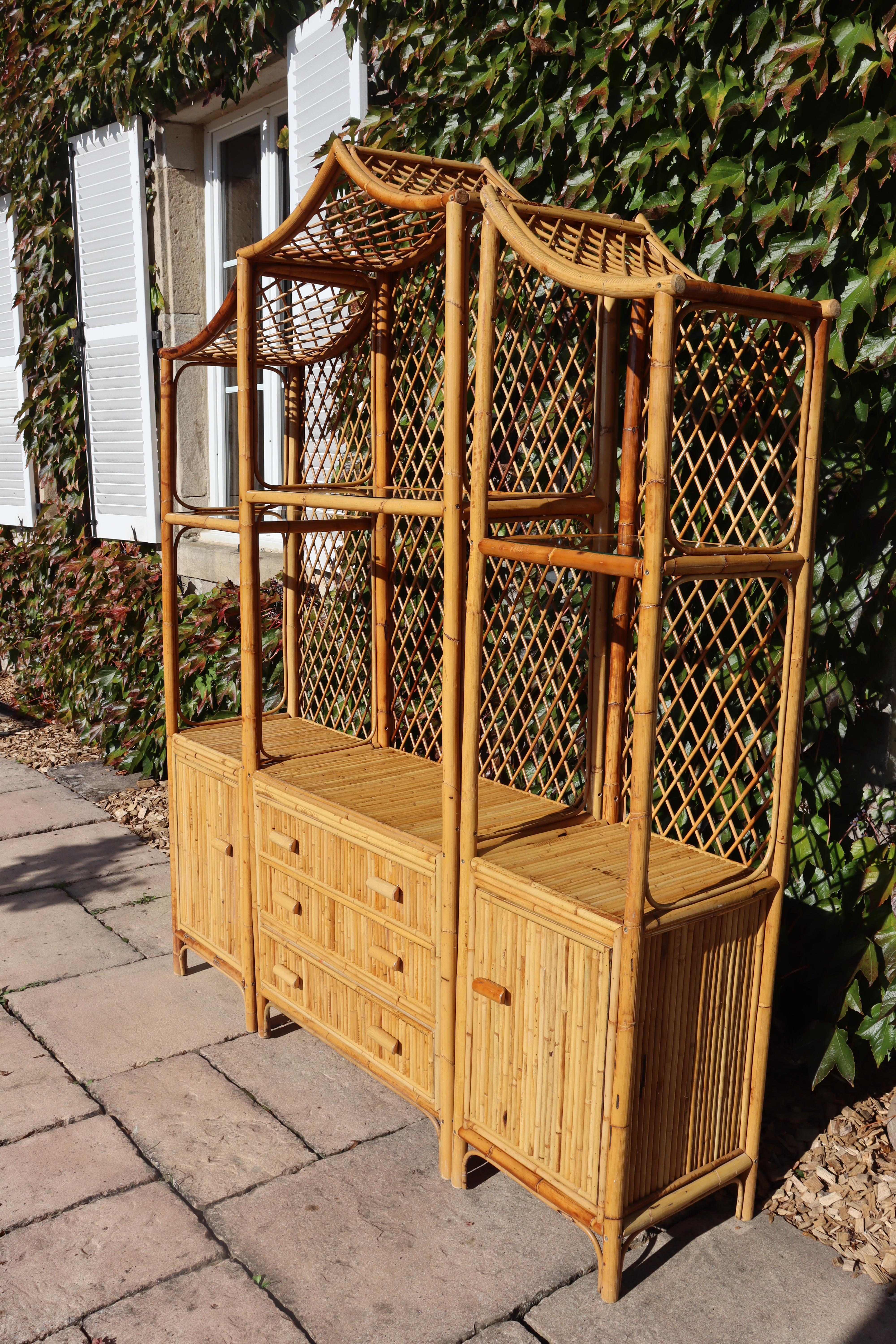 Italian Rattan And Bamboo Pagoda Shelf Italy 1970 For Sale
