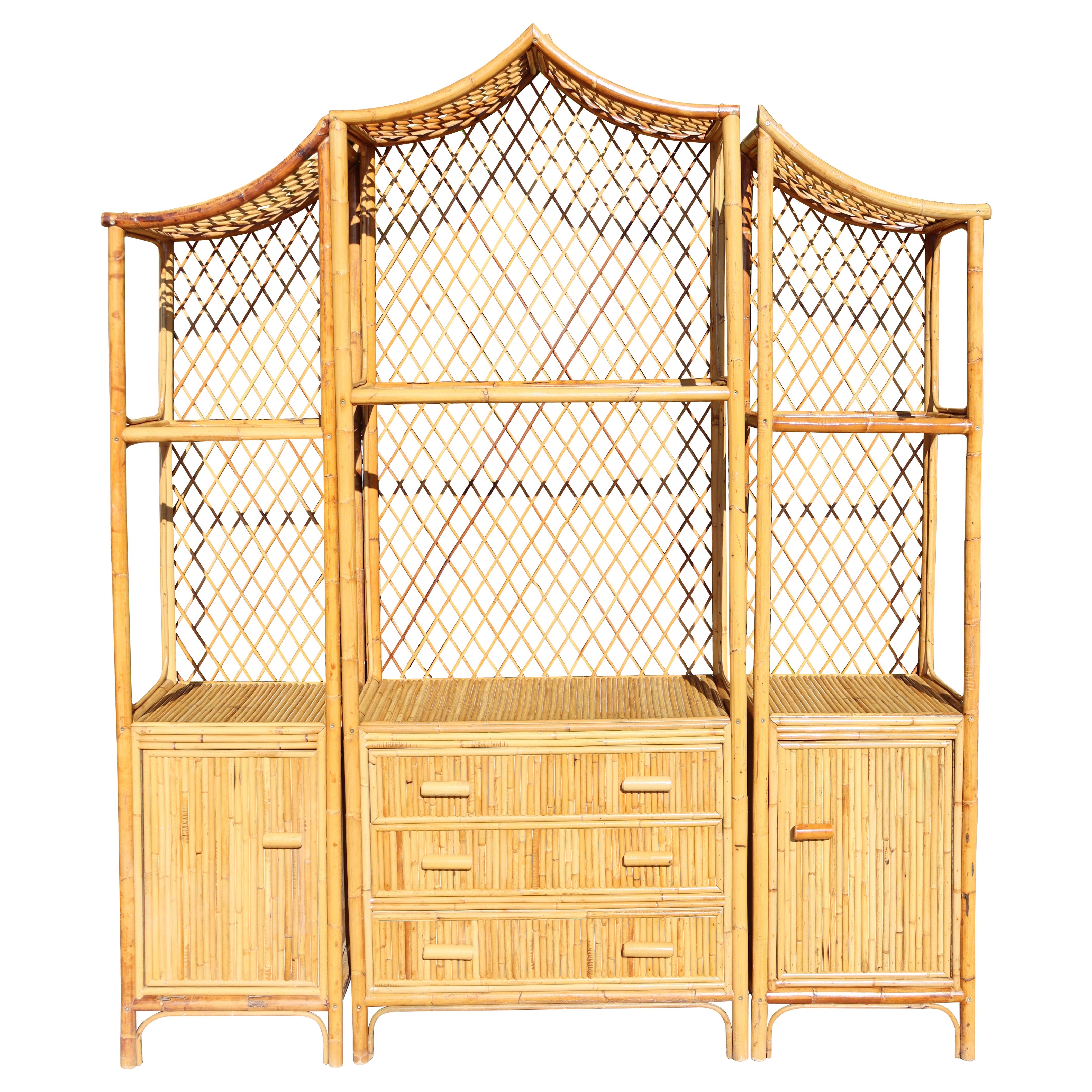 Rattan And Bamboo Pagoda Shelf Italy 1970 For Sale
