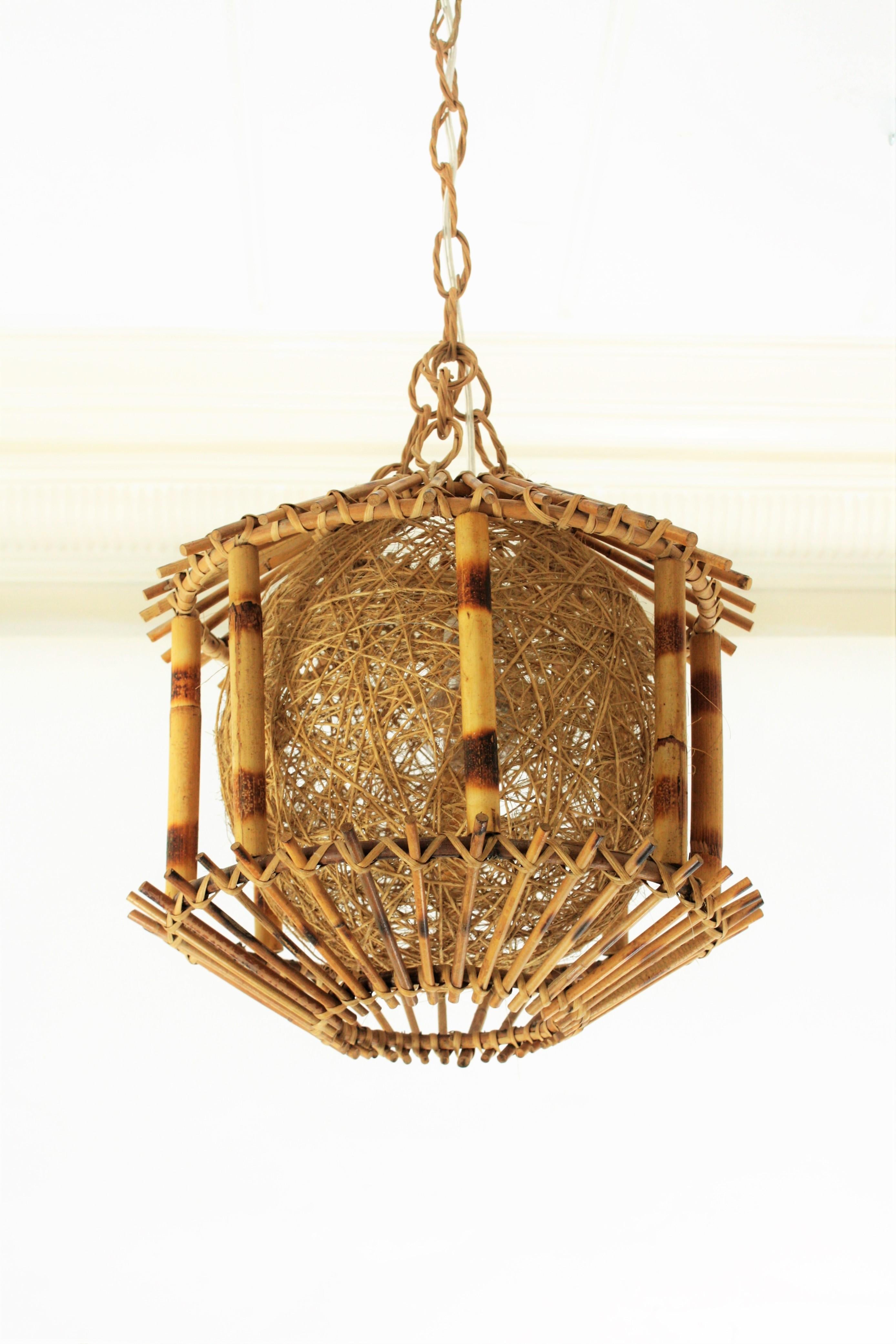 Rattan and Bamboo Pendant Hanging Lamp / Lantern with Chinoiserie Accents 4
