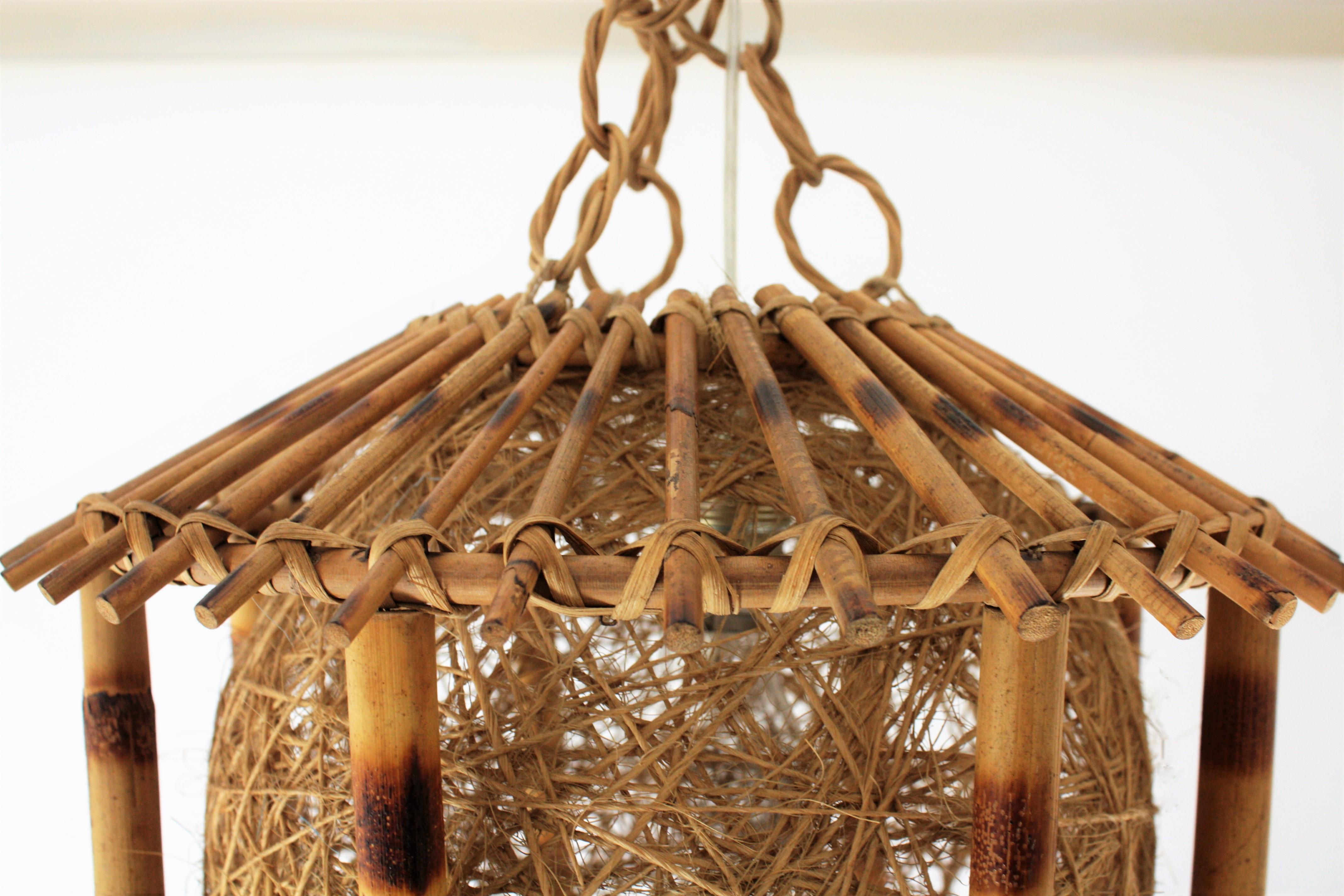 Rattan and Bamboo Pendant Hanging Lamp / Lantern with Chinoiserie Accents 9