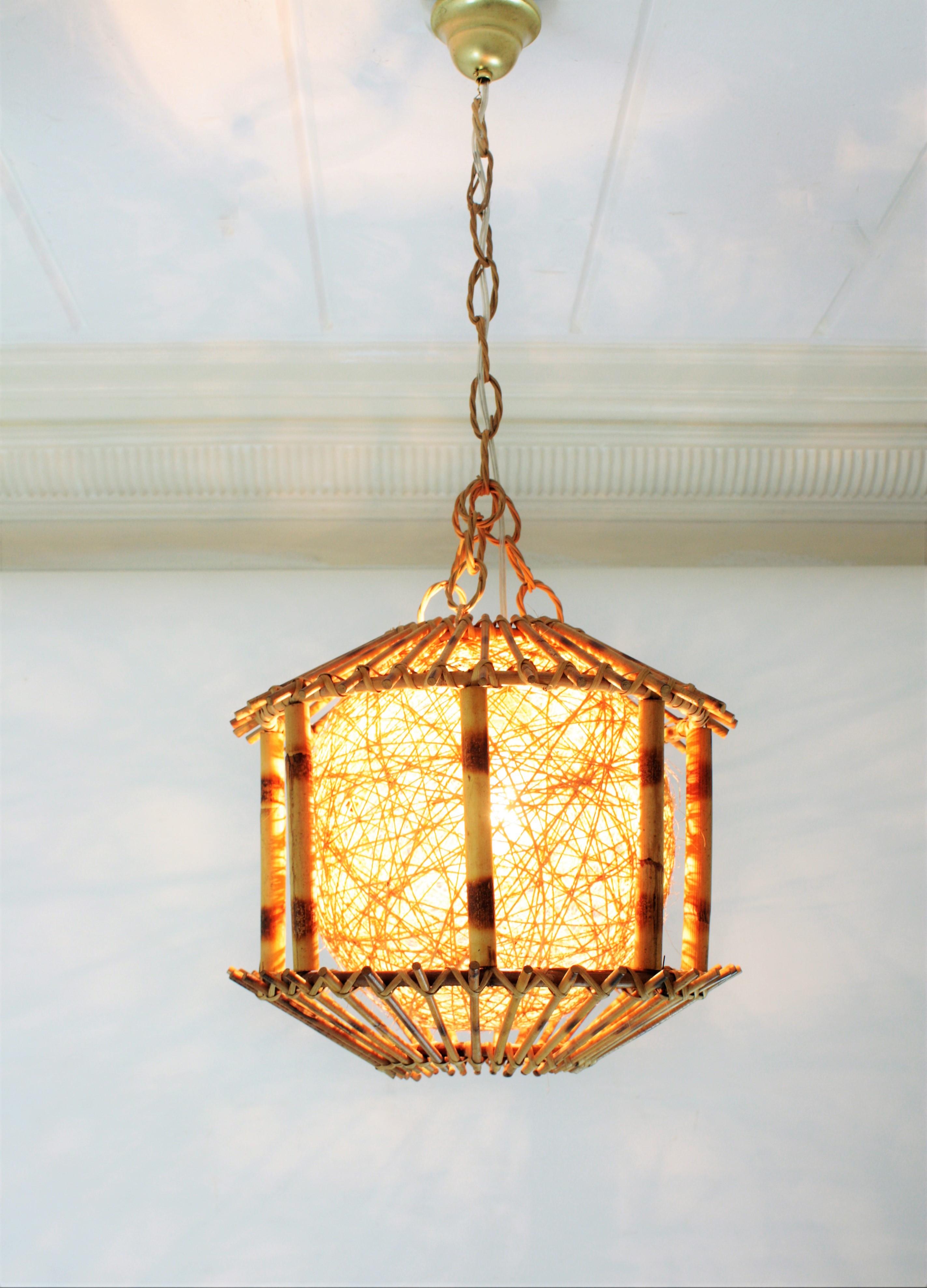 Rattan and Bamboo Pendant Hanging Lamp / Lantern with Chinoiserie Accents 11