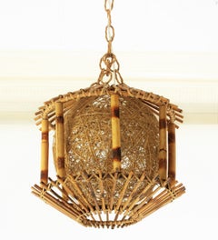Rattan and Bamboo Pendant Hanging Lamp / Lantern with Chinoiserie Accents