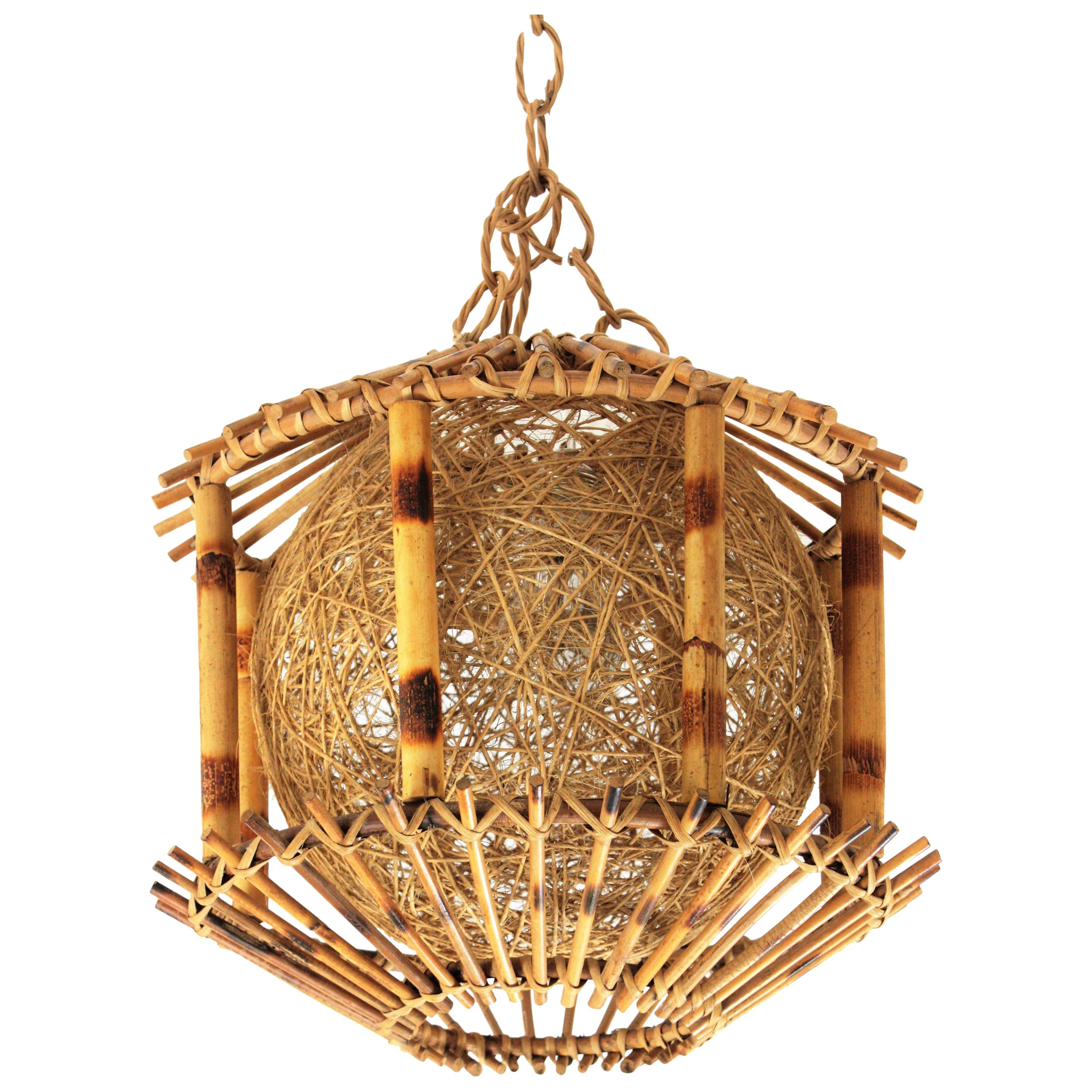 Spanish Rattan and Bamboo Pendant Hanging Lamp / Lantern with Chinoiserie Accents