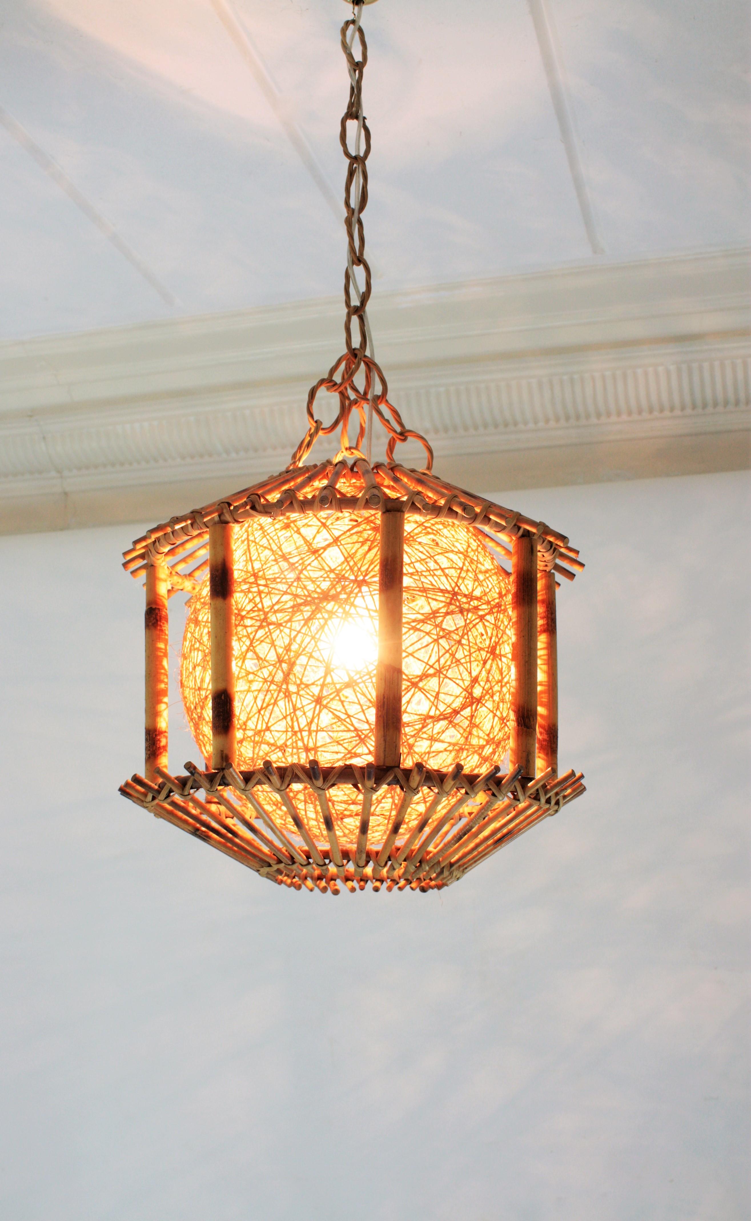 Hand-Crafted Rattan and Bamboo Pendant Hanging Lamp / Lantern with Chinoiserie Accents
