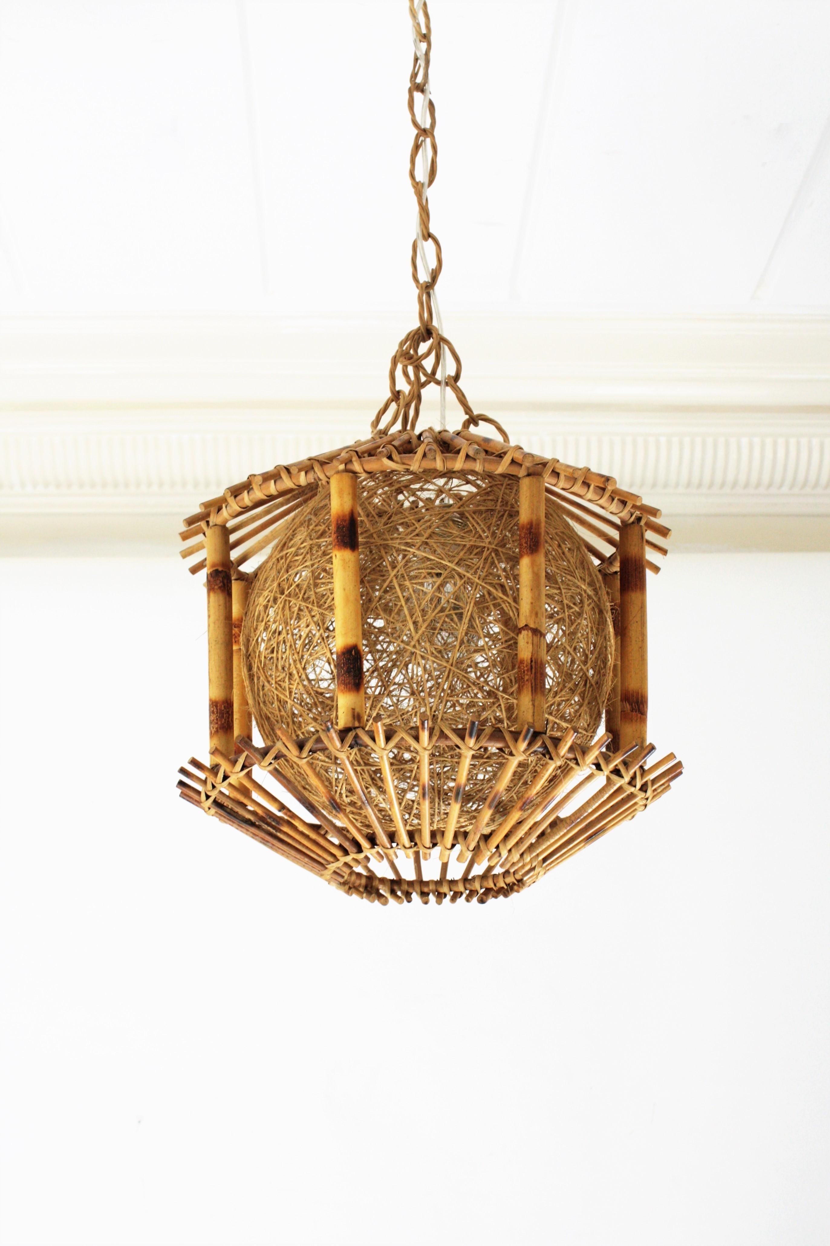 Rattan and Bamboo Pendant Hanging Lamp / Lantern with Chinoiserie Accents In Excellent Condition In Barcelona, ES