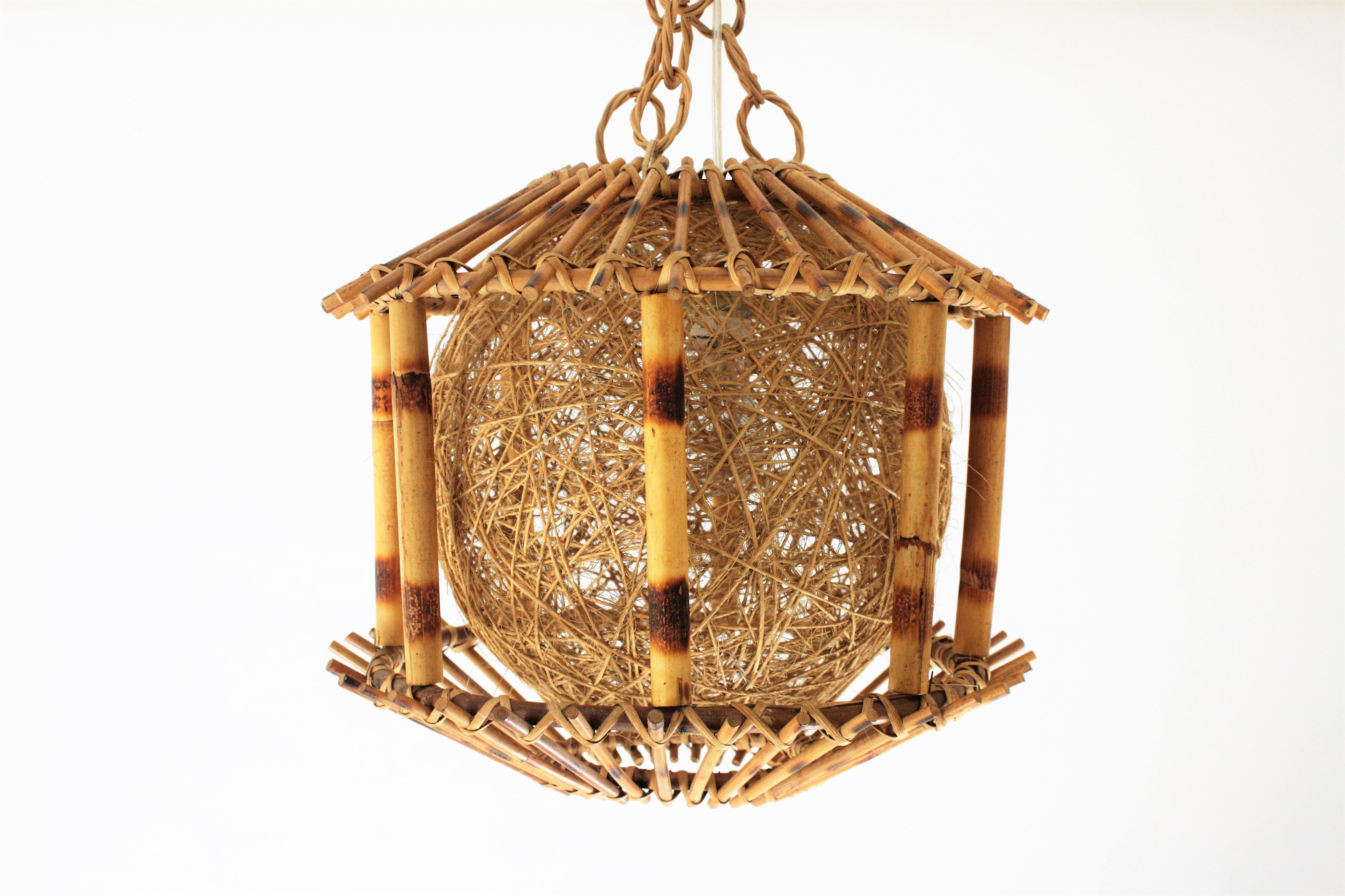 Rattan and Bamboo Pendant Hanging Lamp / Lantern with Chinoiserie Accents 1