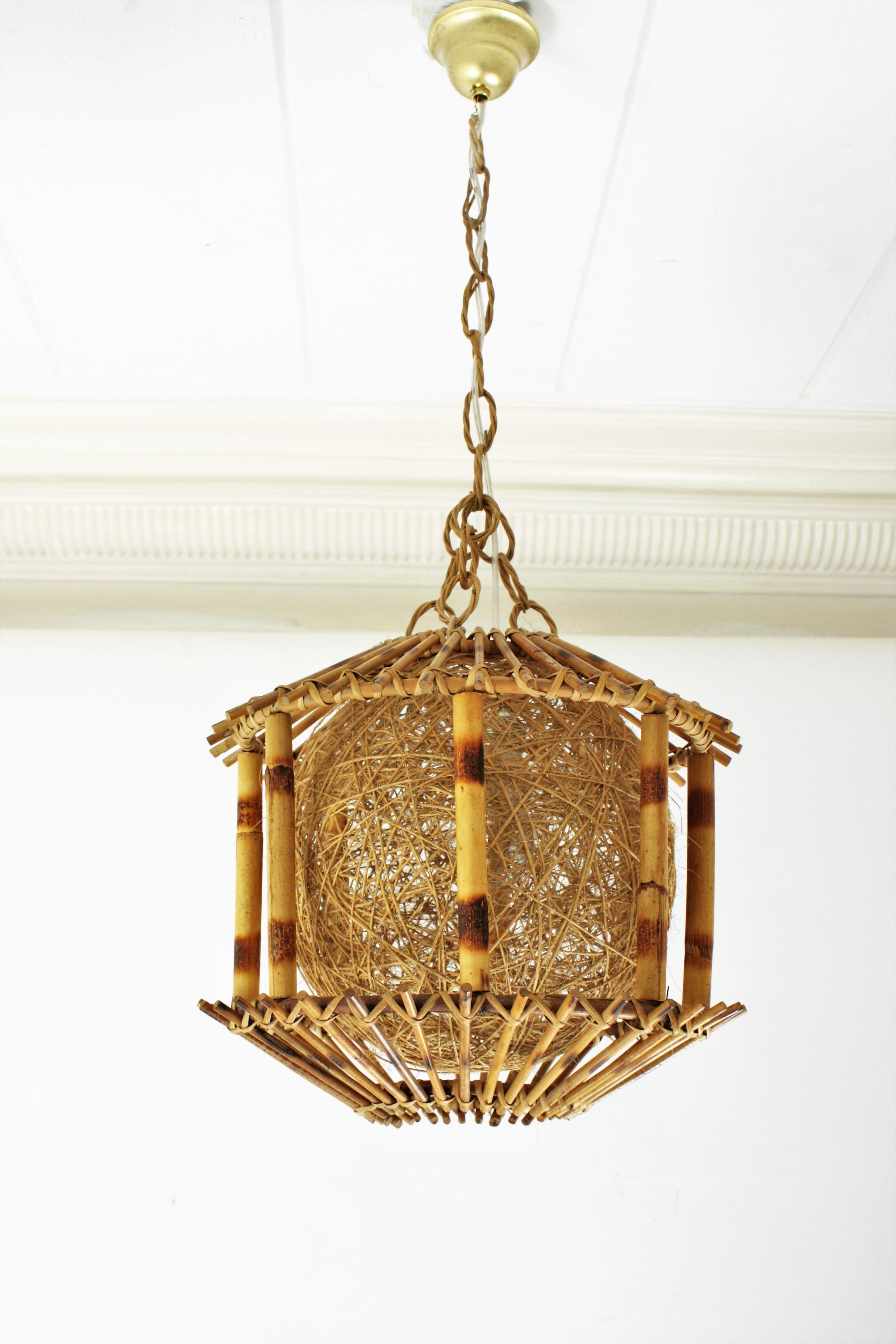 Rattan and Bamboo Pendant Hanging Lamp / Lantern with Chinoiserie Accents 2