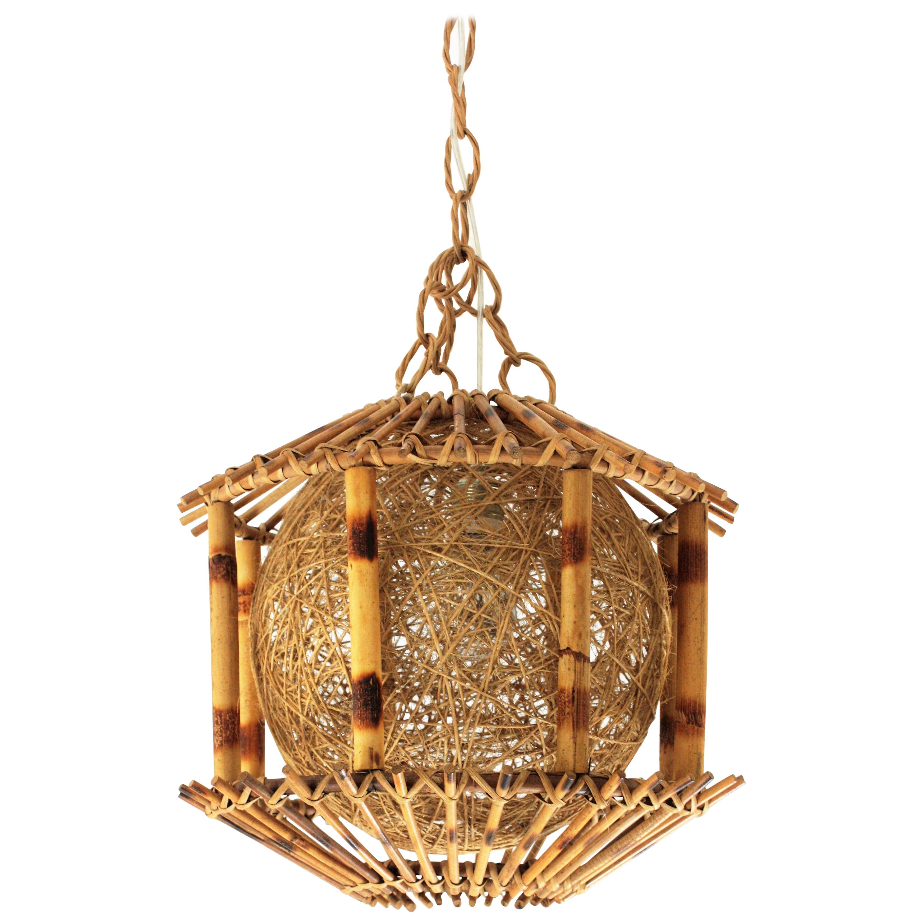 Rattan and Bamboo Pendant Hanging Lamp / Lantern with Chinoiserie Accents