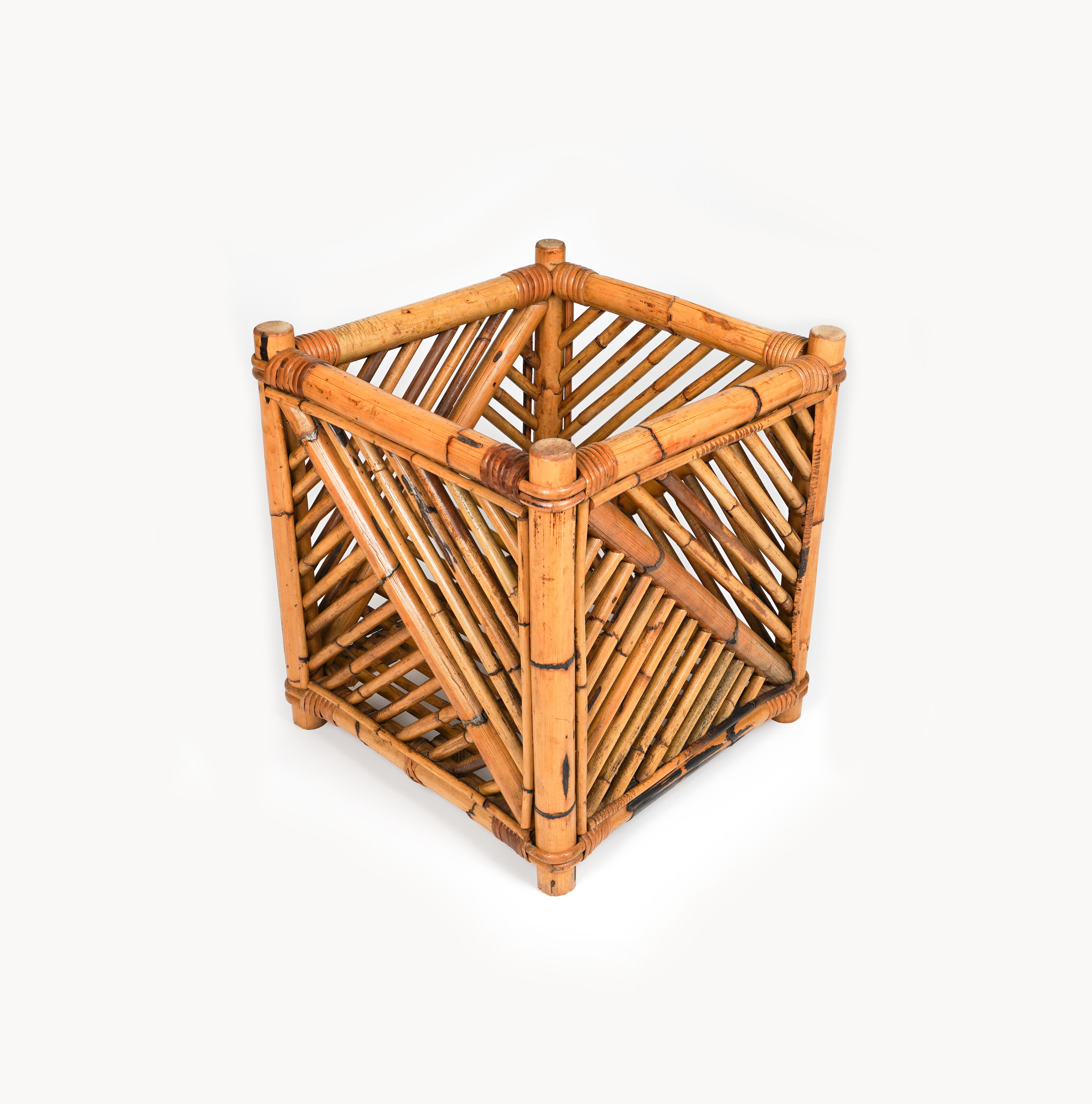 Mid-Century Modern Rattan and Bamboo Plant Holder or Basket by Vivai Del Sud, Italy 1970s For Sale
