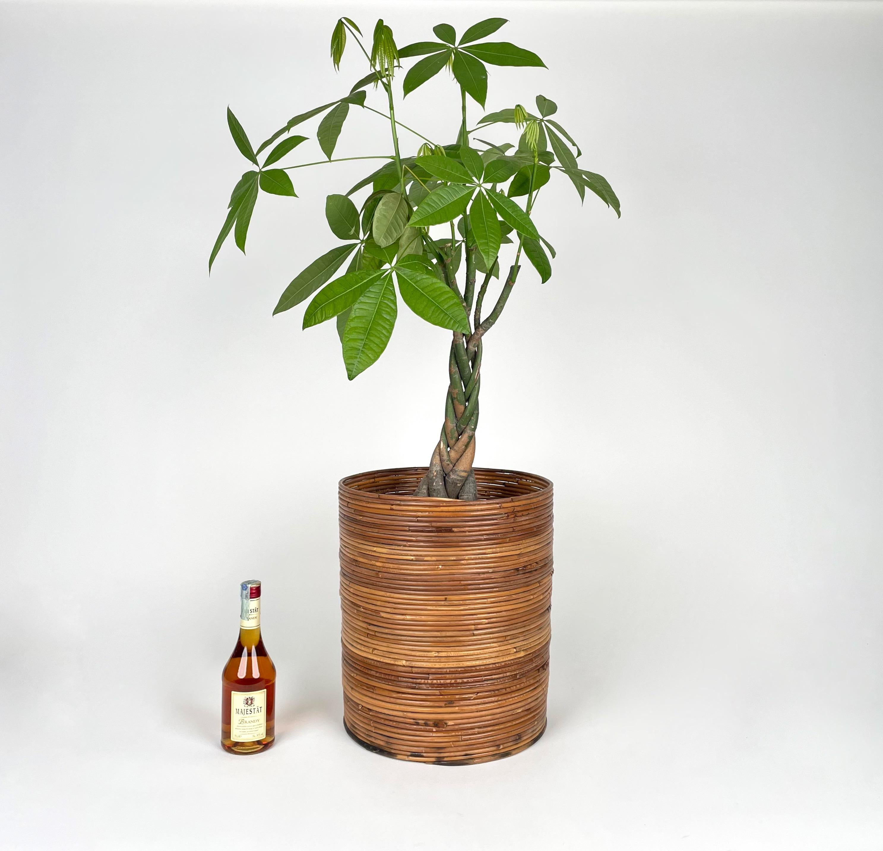 Rattan and Bamboo Round Basket Plant Holder Vase, Italy, 1960s For Sale 5