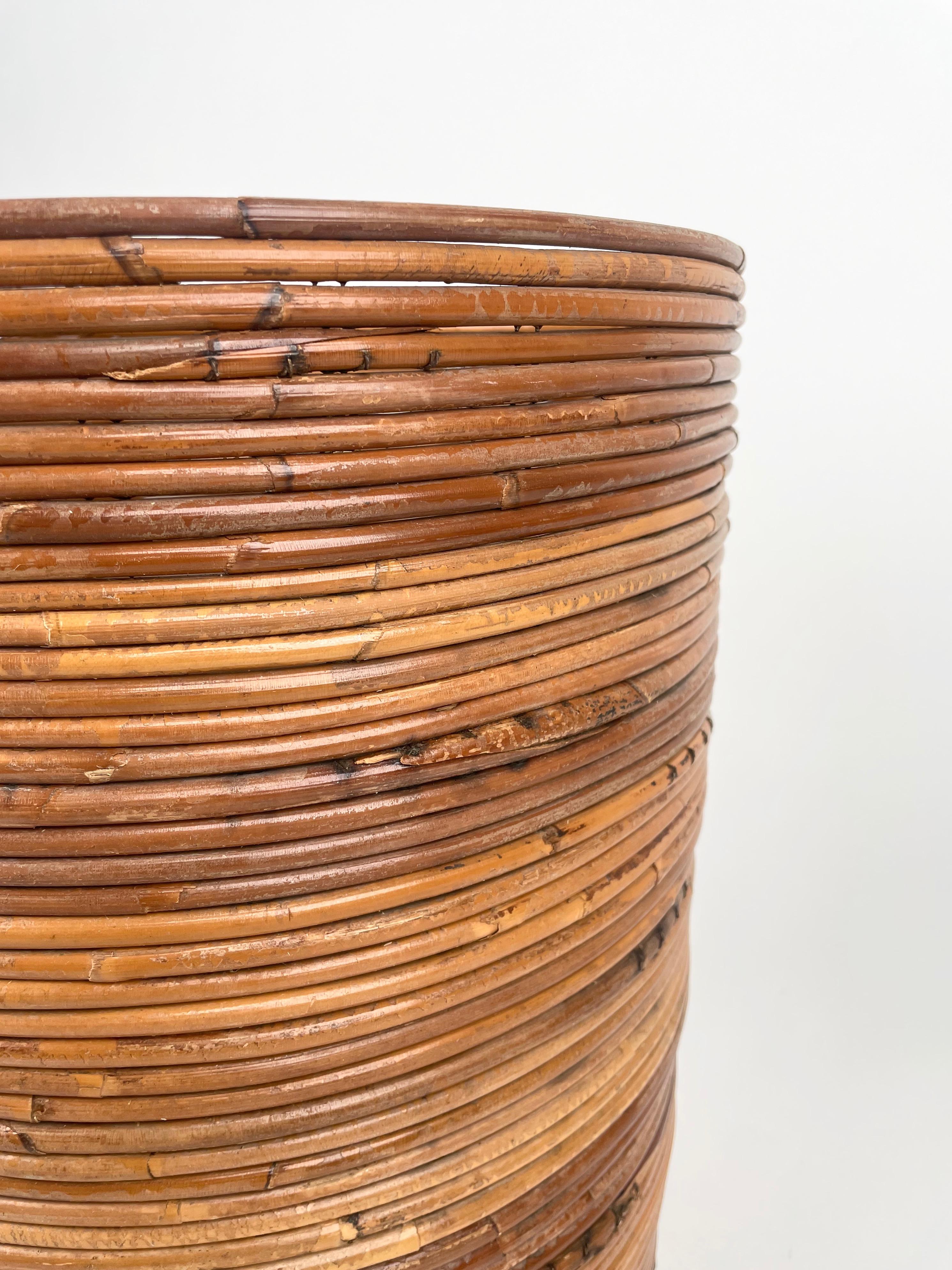 Rattan and Bamboo Round Basket Plant Holder Vase, Italy, 1960s For Sale 6