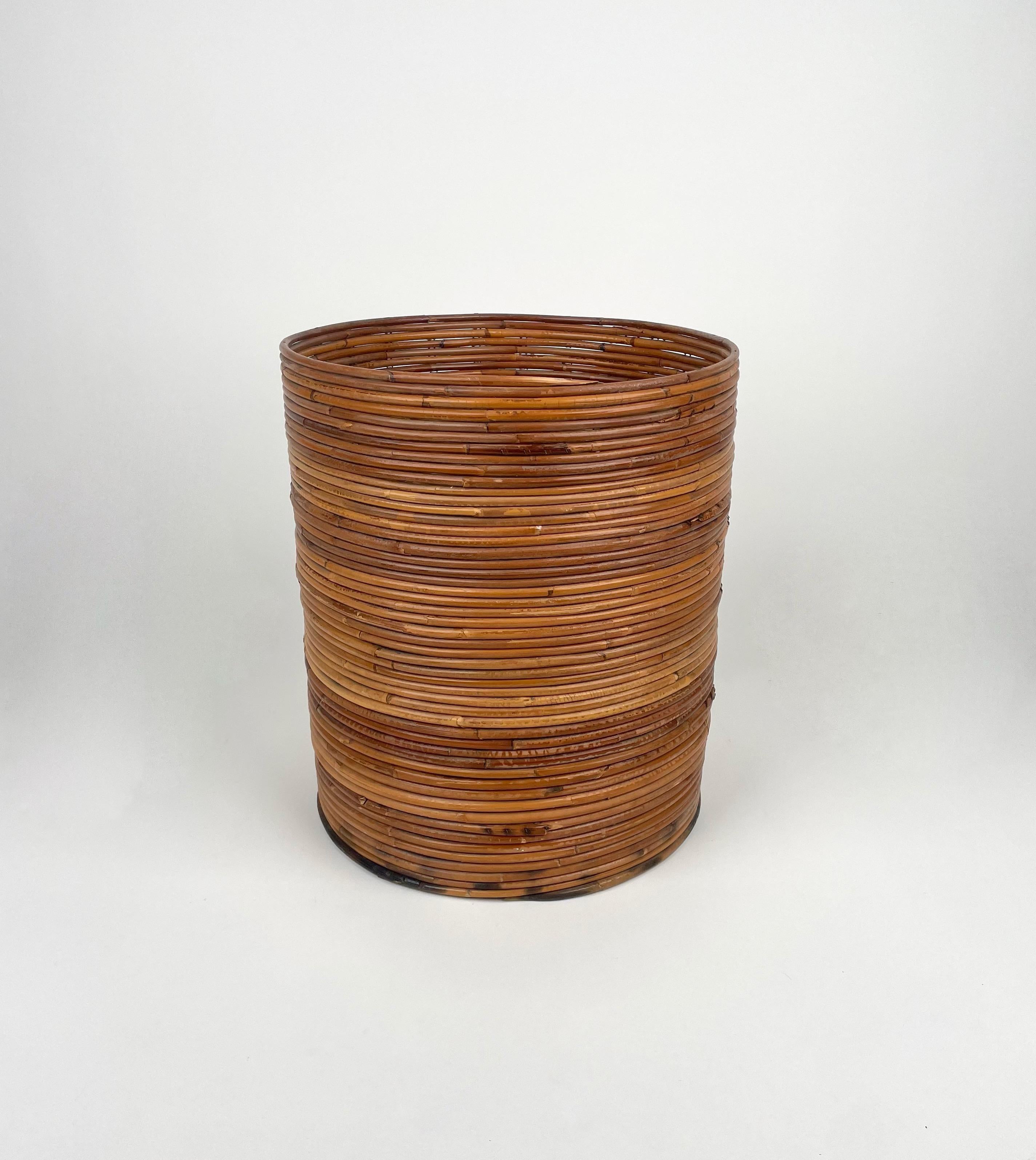 Italian Rattan and Bamboo Round Basket Plant Holder Vase, Italy, 1960s For Sale