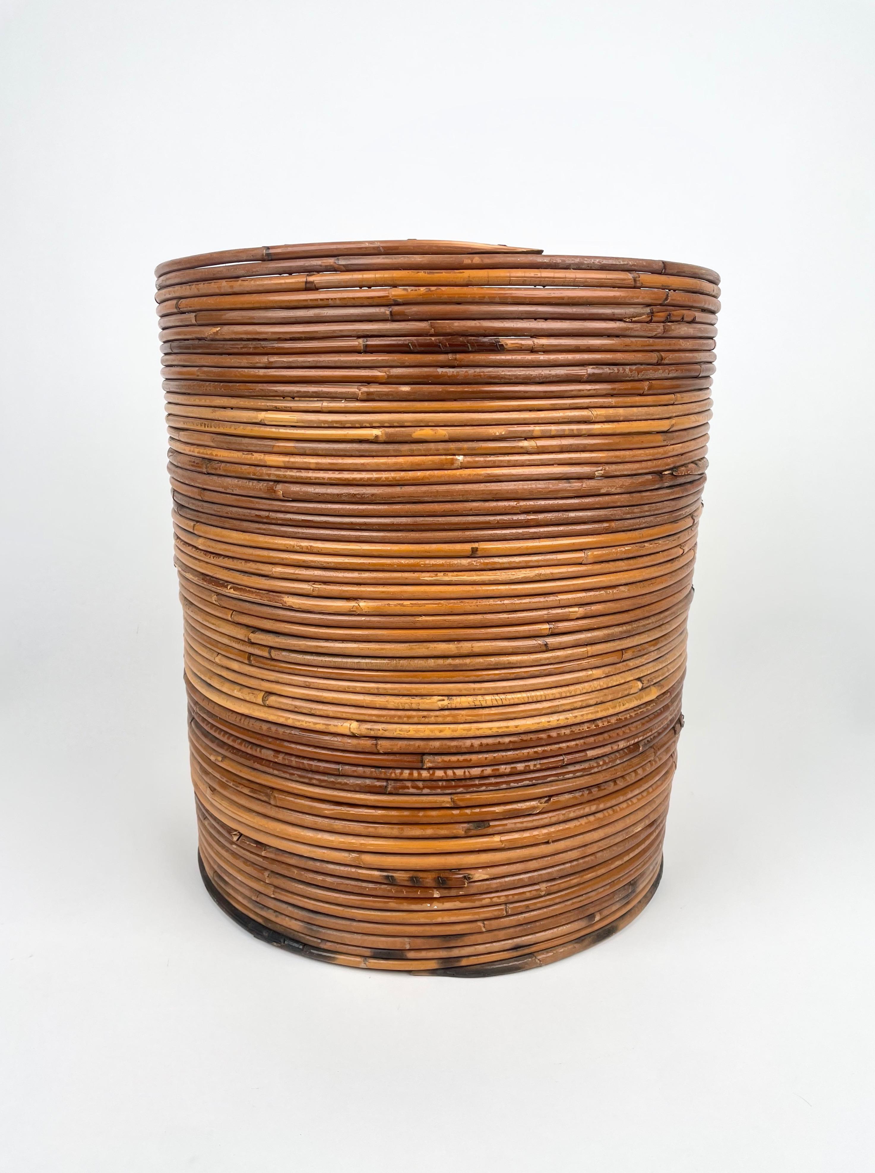 Rattan and Bamboo Round Basket Plant Holder Vase, Italy, 1960s For Sale 3