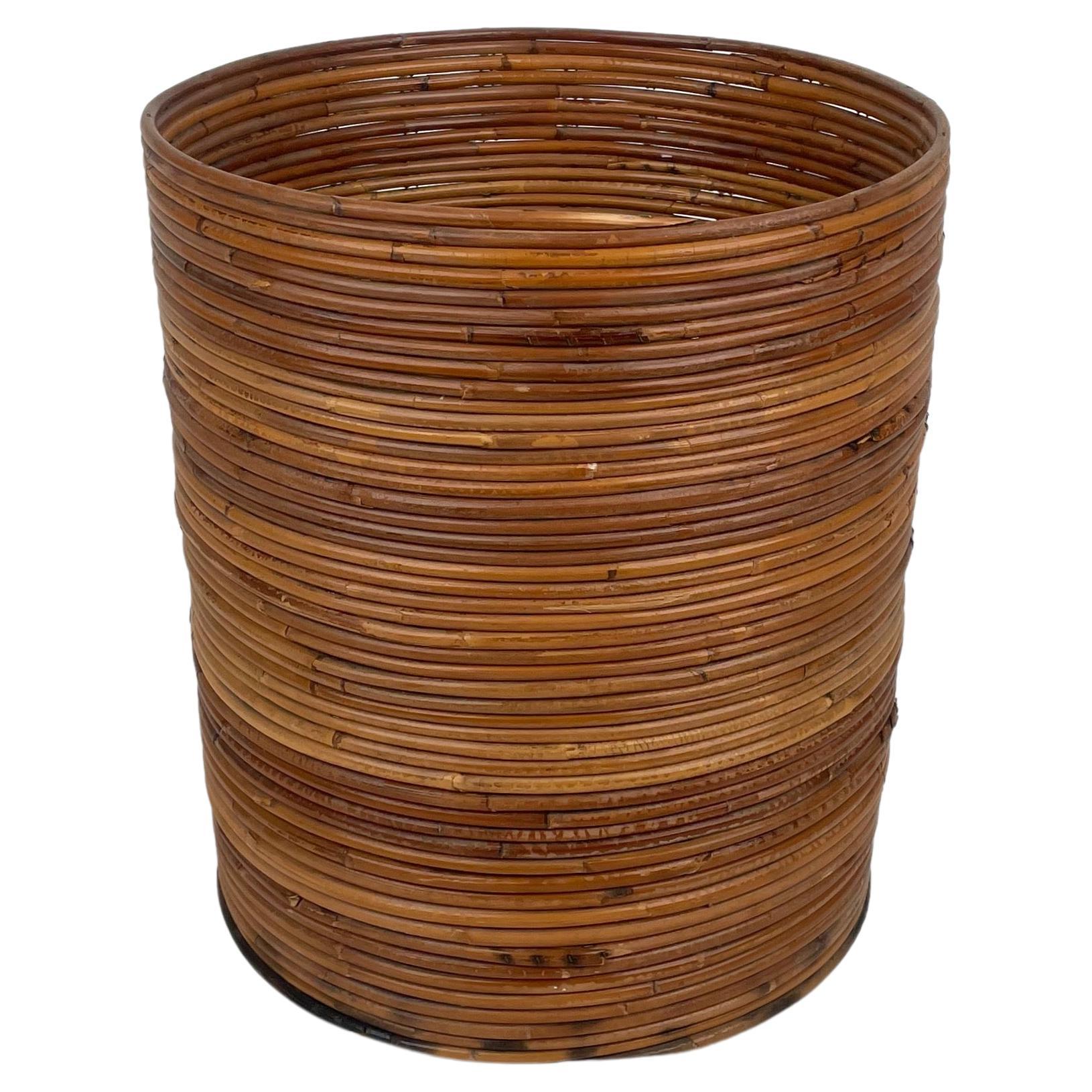 Rattan and Bamboo Round Basket Plant Holder Vase, Italy, 1960s