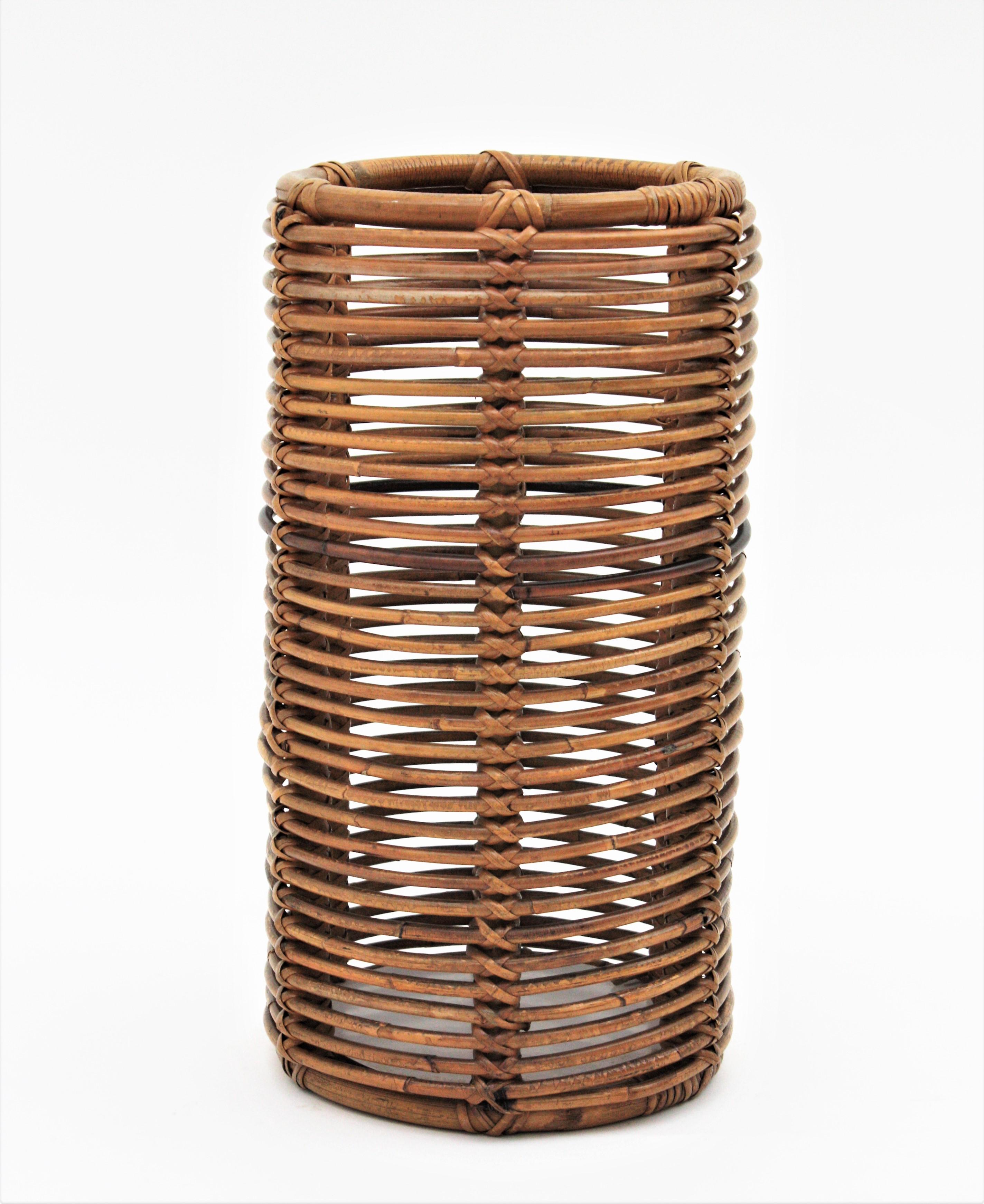 Rattan and Bamboo Round Umbrella Stand, Italy, 1970s 2