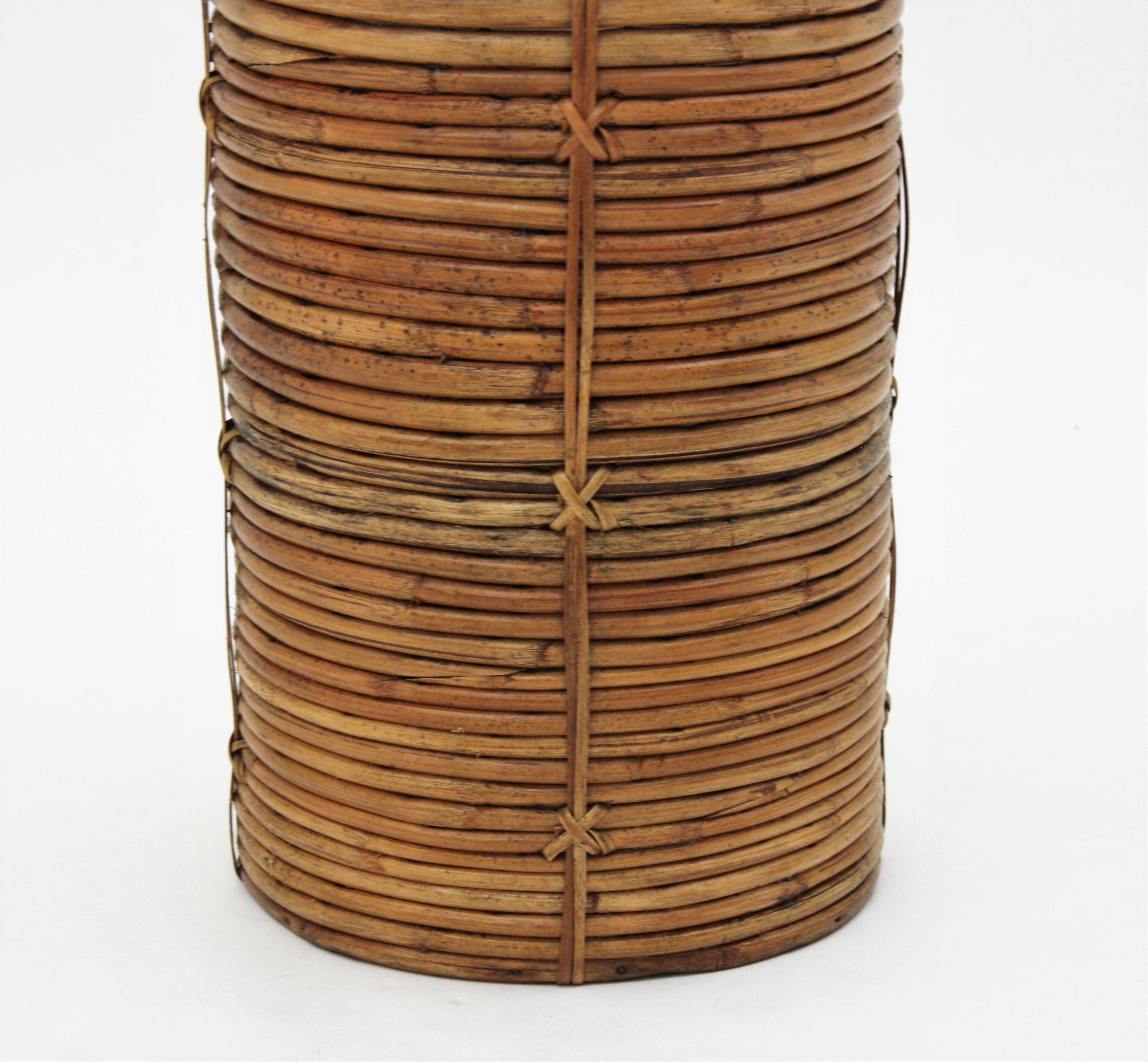 Rattan and Bamboo Round Umbrella Stand with Brass Rim, Italy, 1970s 4