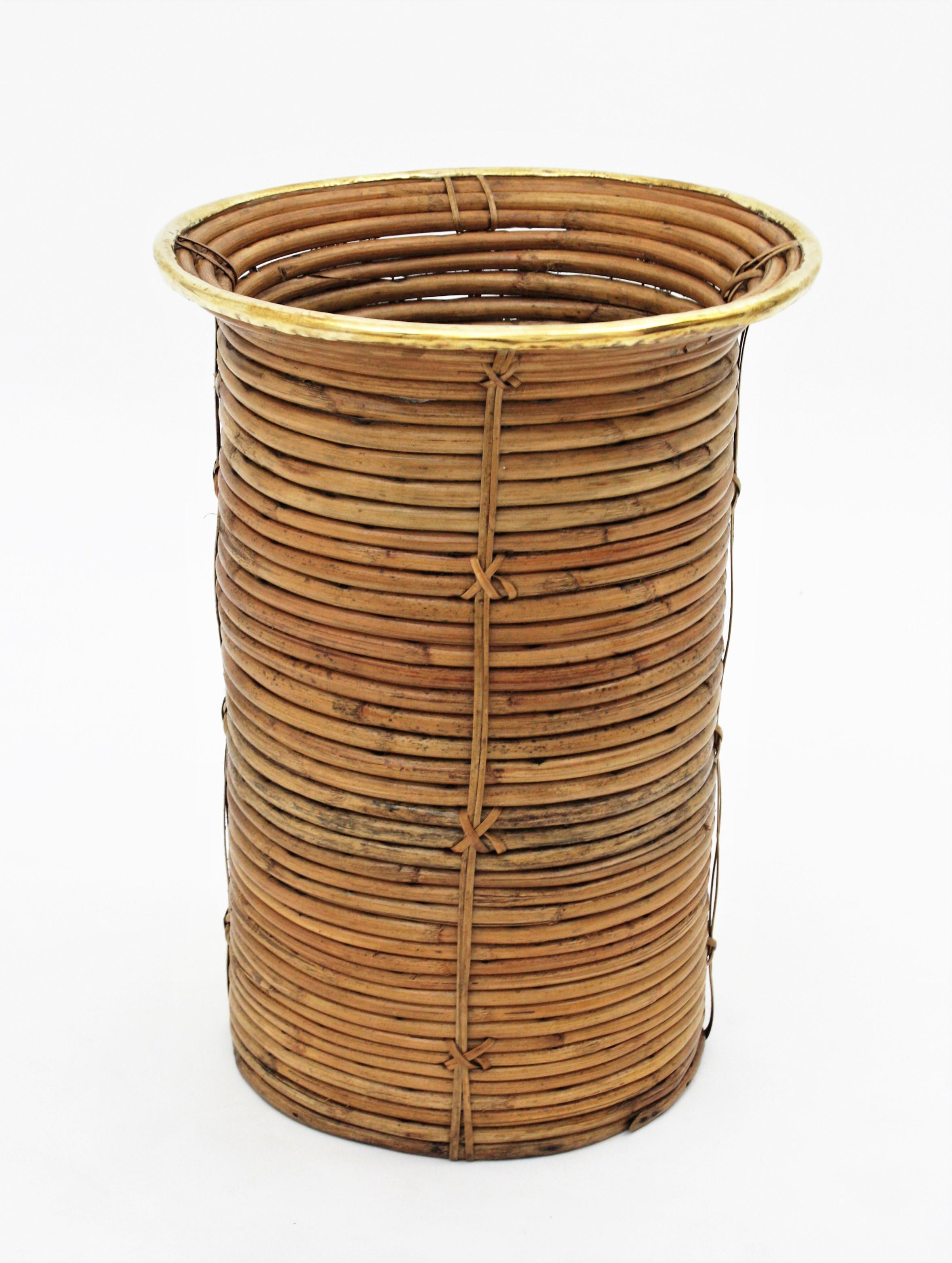 Rattan and Bamboo Round Umbrella Stand with Brass Rim, Italy, 1970s 8