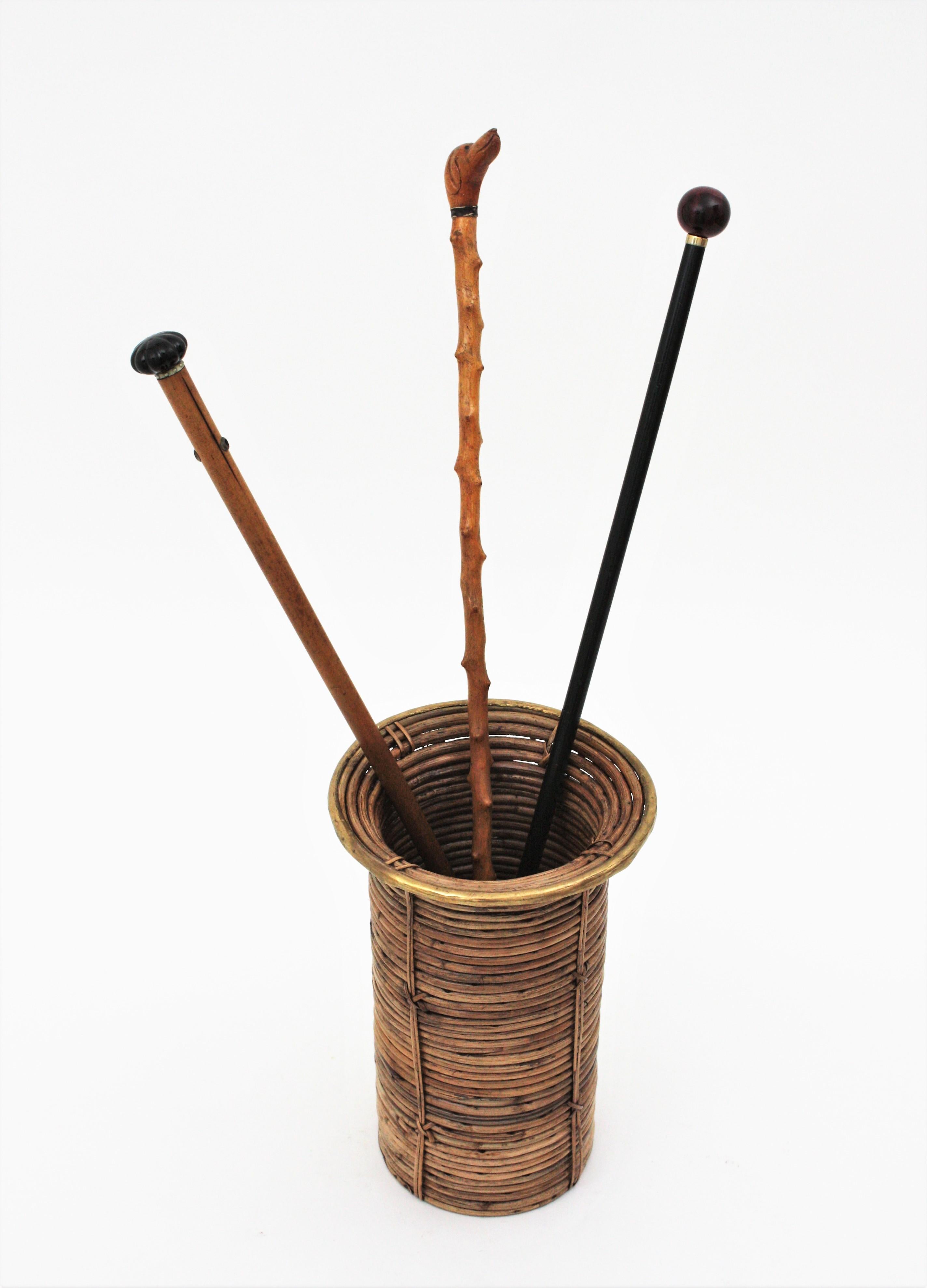 Rattan Bamboo Round Umbrella Stand with Brass Rim, Italy, 1970s For Sale 5