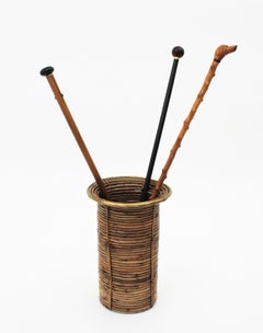 Rattan Umbrella Stand with Brass Open Rim, Italy 1970