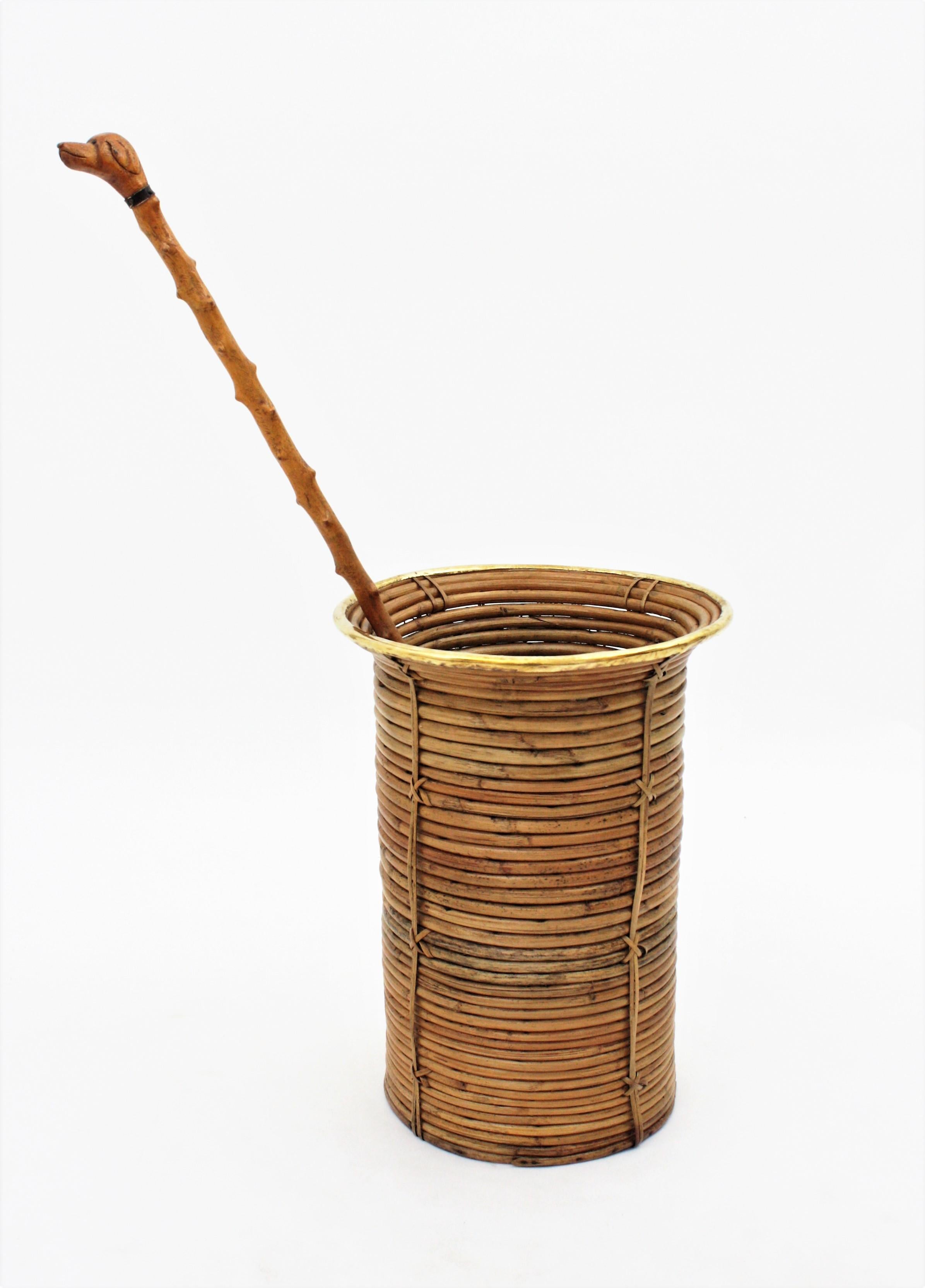 Mid-Century Modern Rattan and Bamboo Round Umbrella Stand with Brass Rim, Italy, 1970s
