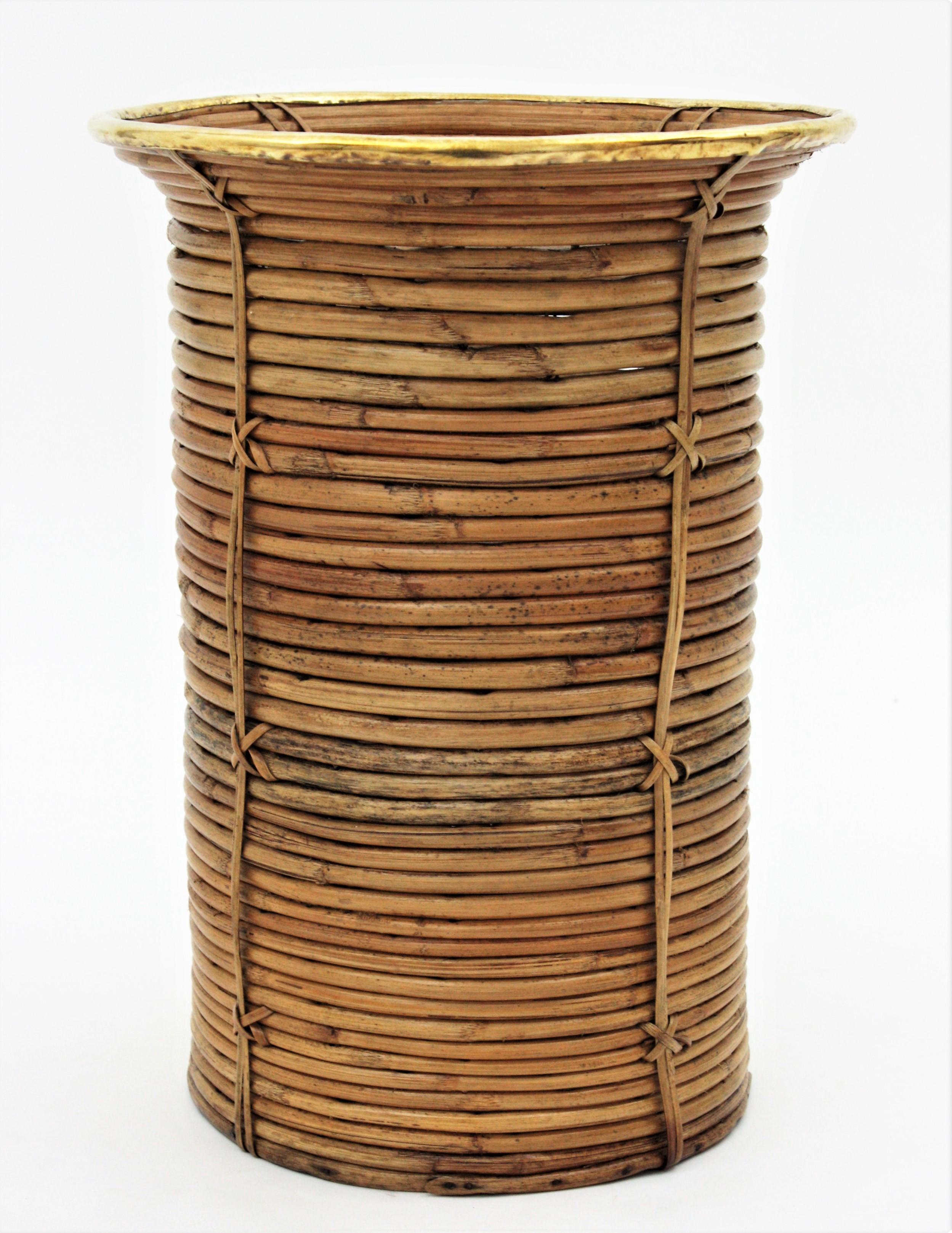 Italian Rattan and Bamboo Round Umbrella Stand with Brass Rim, Italy, 1970s