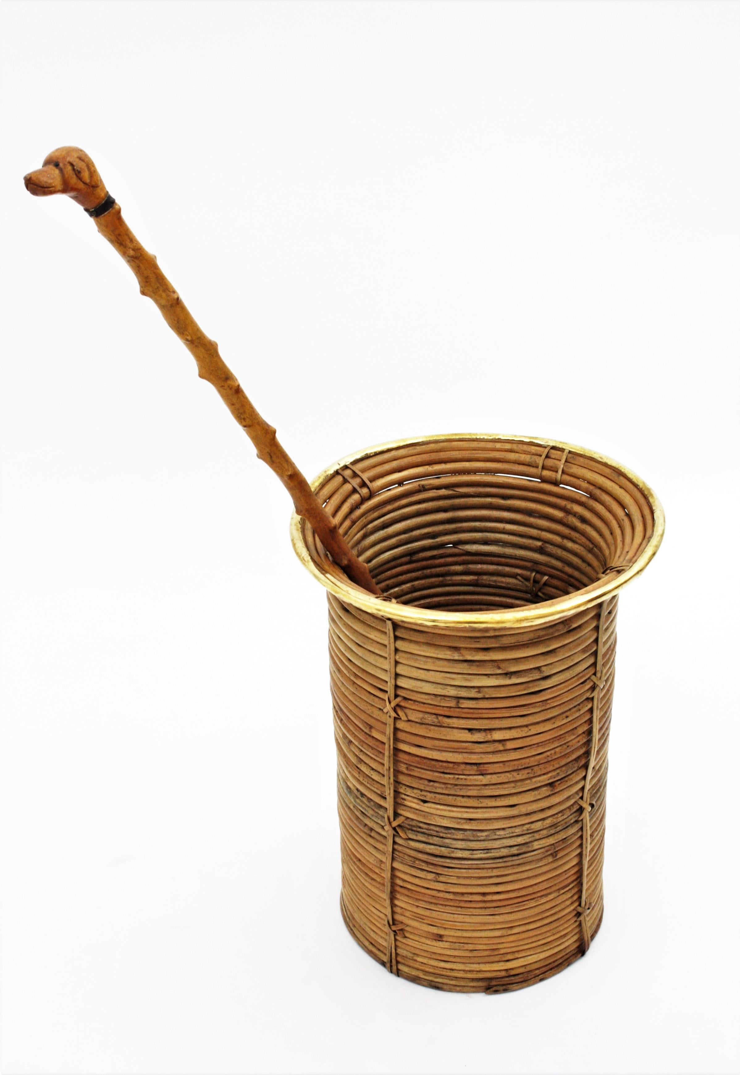 Rattan and Bamboo Round Umbrella Stand with Brass Rim, Italy, 1970s 2