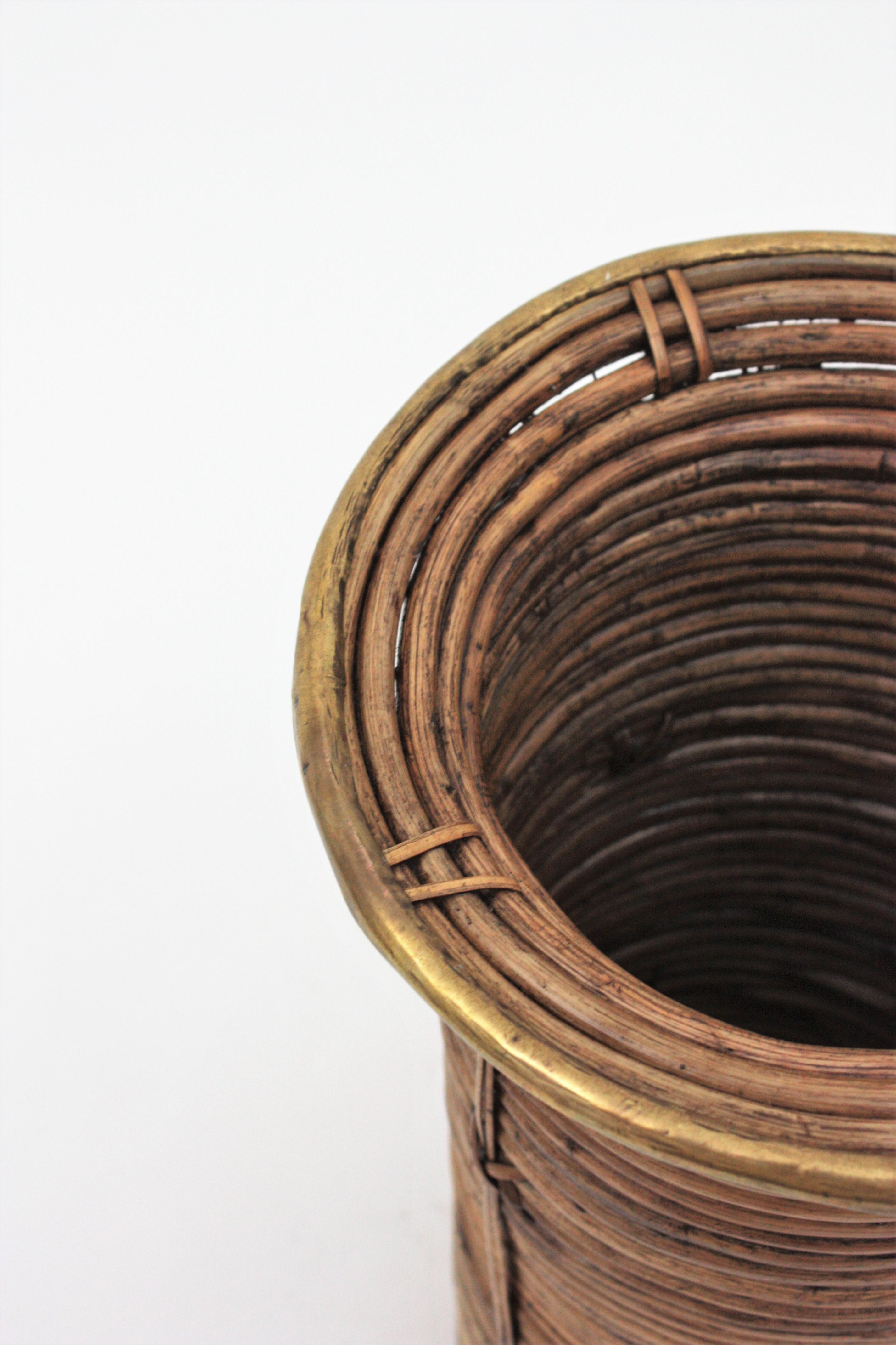 20th Century Rattan Bamboo Round Umbrella Stand with Brass Rim, Italy, 1970s For Sale