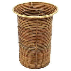 Rattan and Bamboo Round Umbrella Stand with Brass Rim, Italy, 1970s