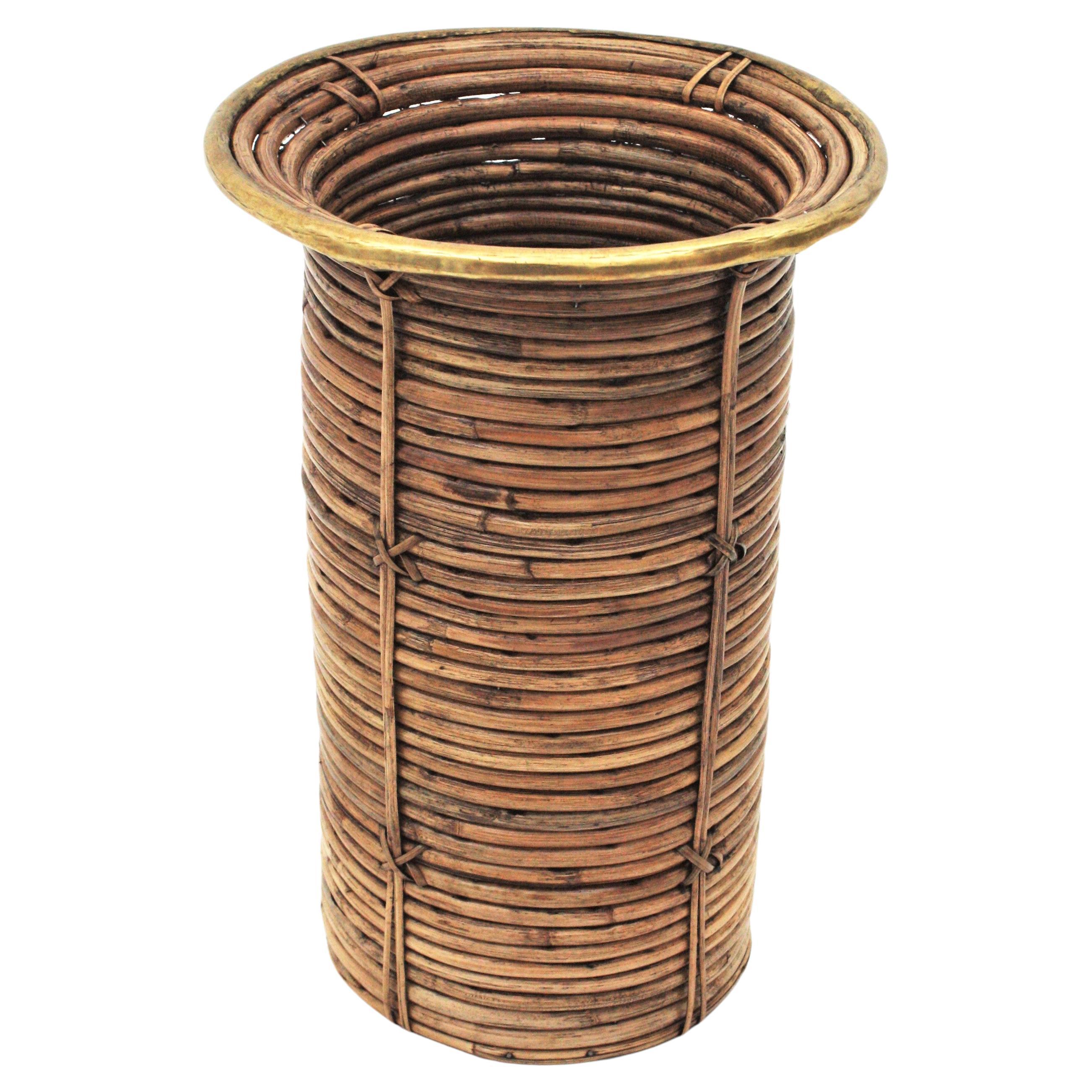 Rattan Bamboo Round Umbrella Stand with Brass Rim, Italy, 1970s For Sale