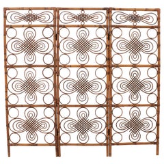 Vintage Rattan and Bamboo Screen / Room Divider with Chinoiserie Accents, Spain, 1960s