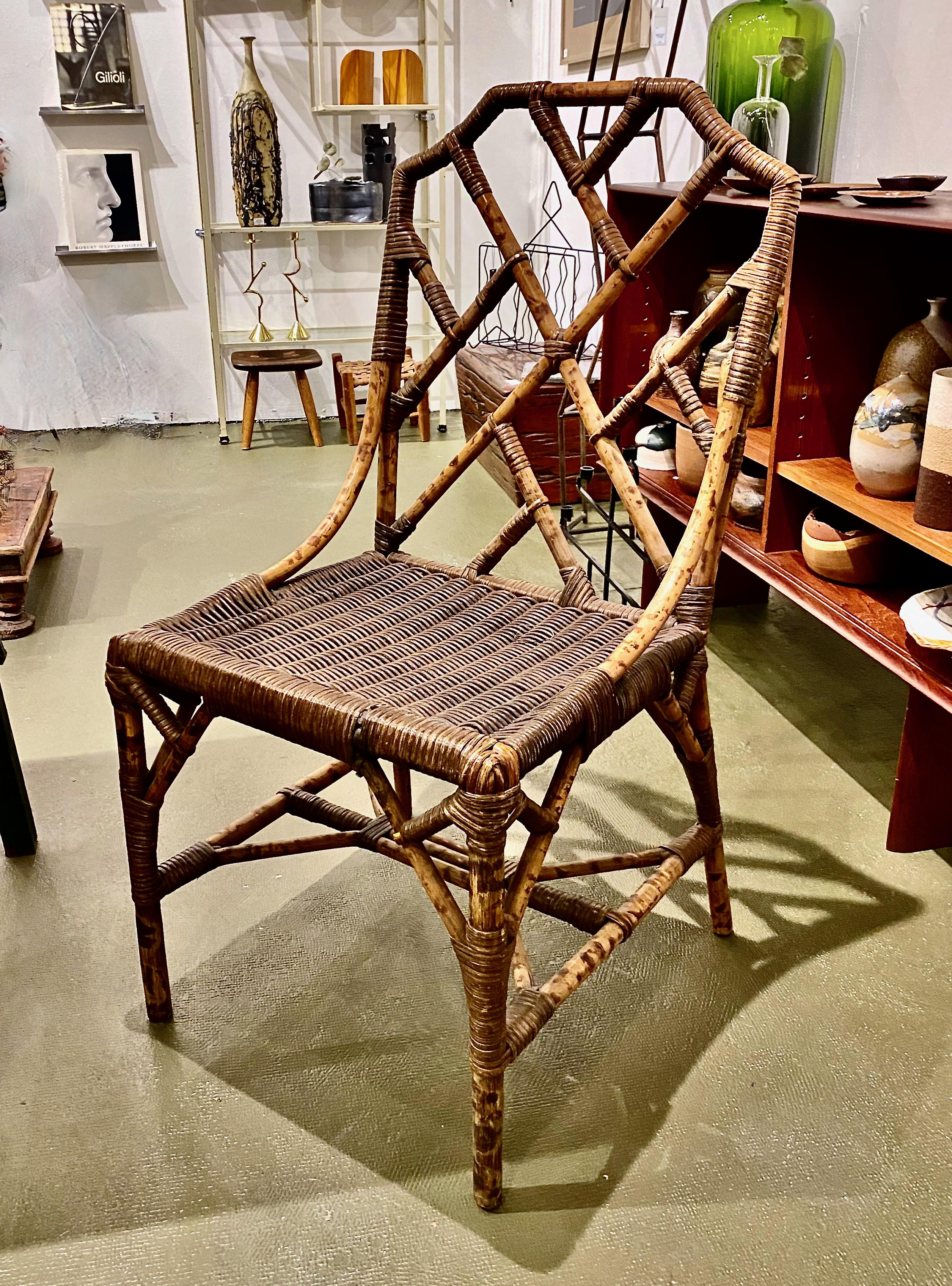 Chinese Chippendale Wicker and Bamboo Side Chairs, c. 1930-1940