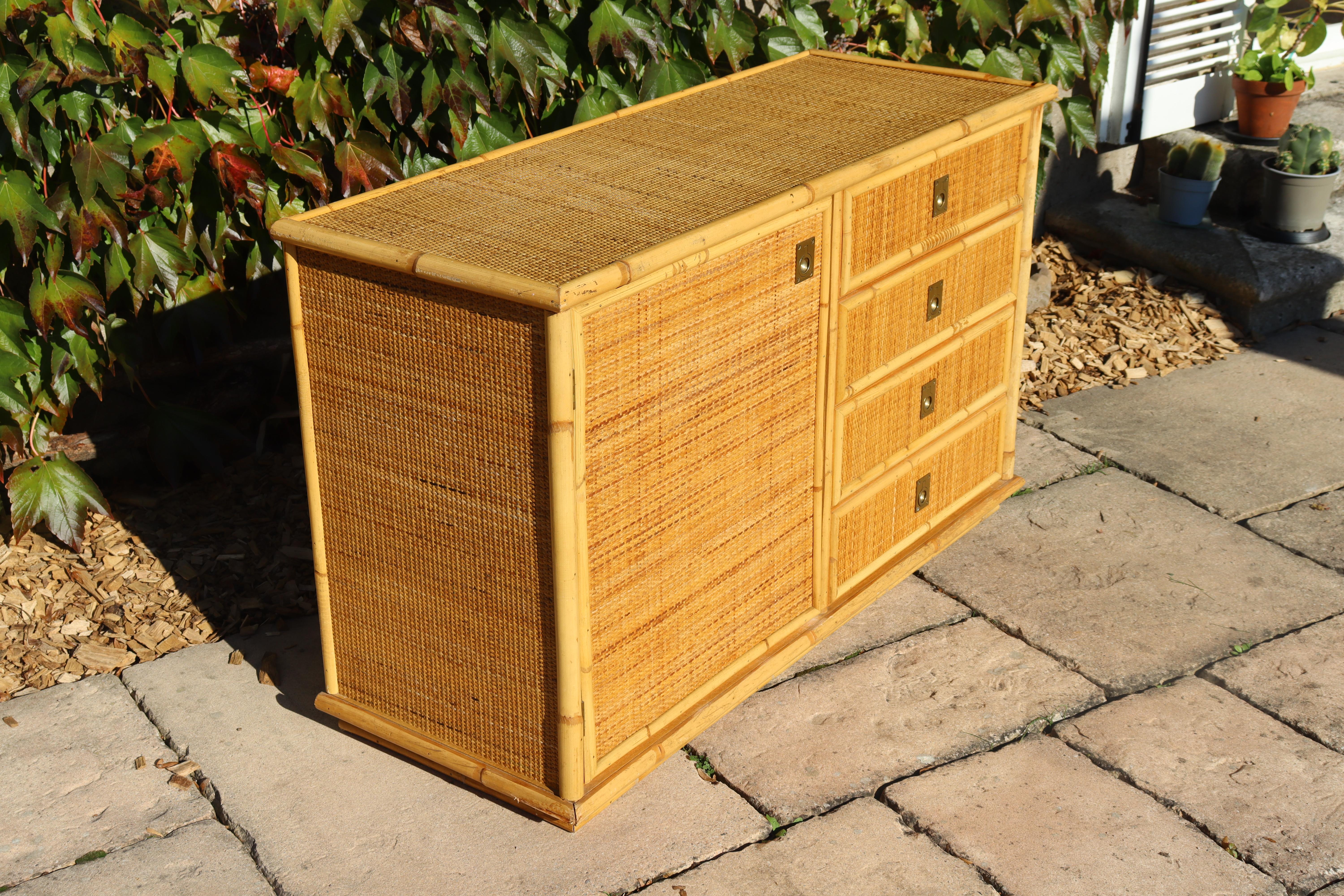 1960s rattan and bamboo sideboard by Dal Vera Italy in very good condition with oxidized brass handles