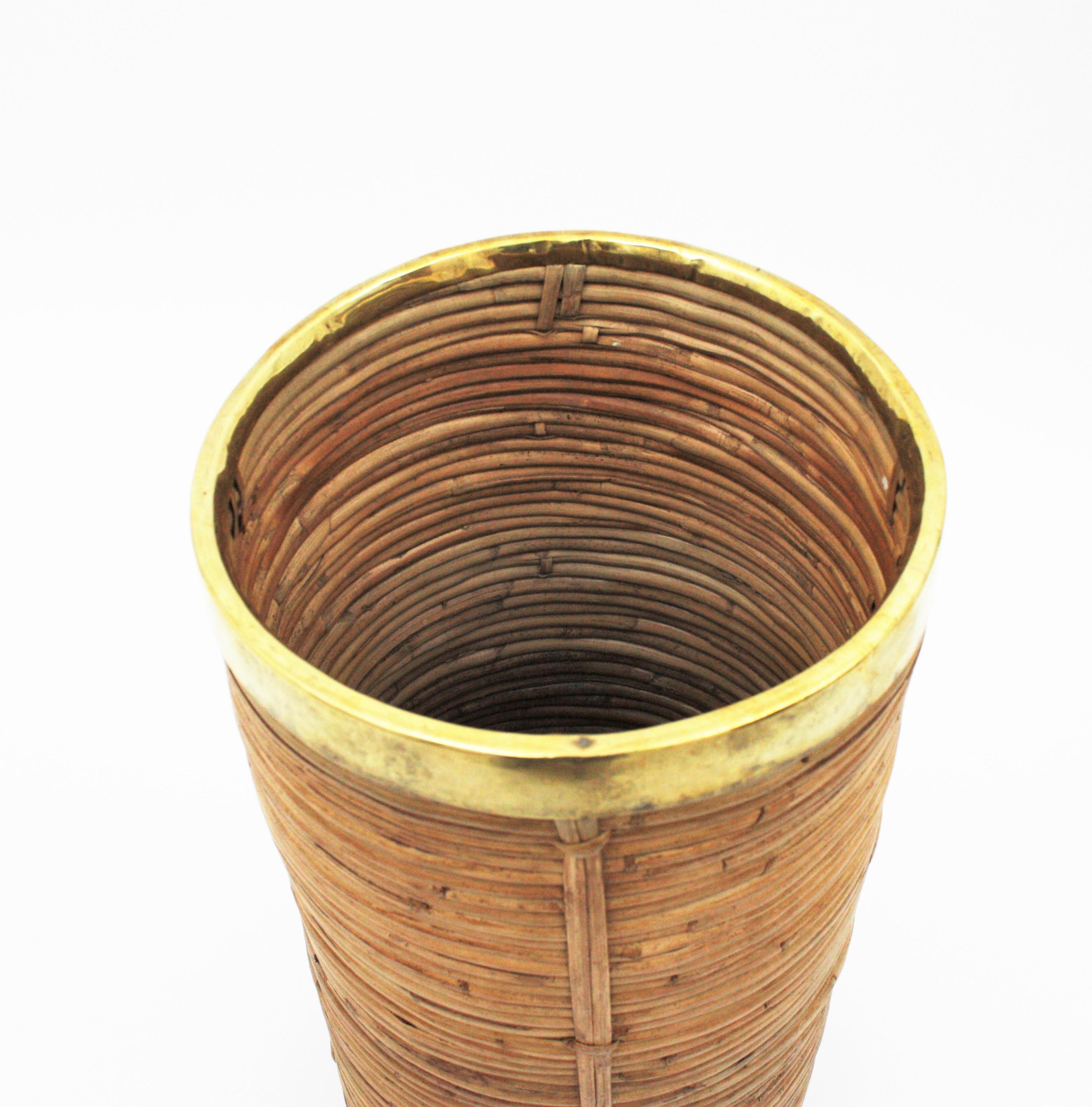 Rattan and Bamboo Umbrella Stand with Brass Rim, Italy, 1970s 4