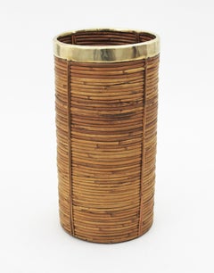 Rattan and Bamboo Umbrella Stand with Brass Rim, Italy, 1970s
