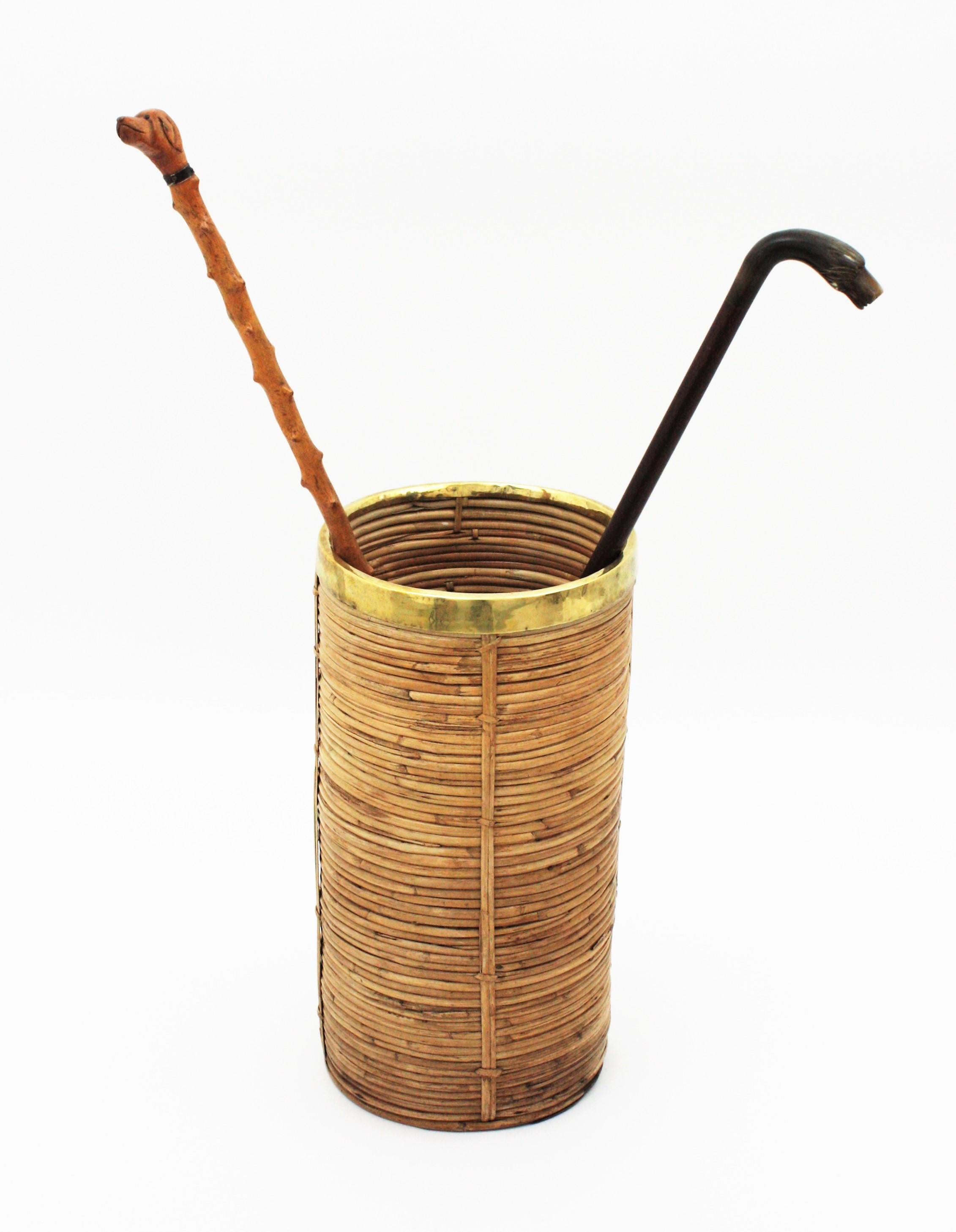 Mid-Century Modern Rattan and Bamboo Umbrella Stand with Brass Rim, Italy, 1970s