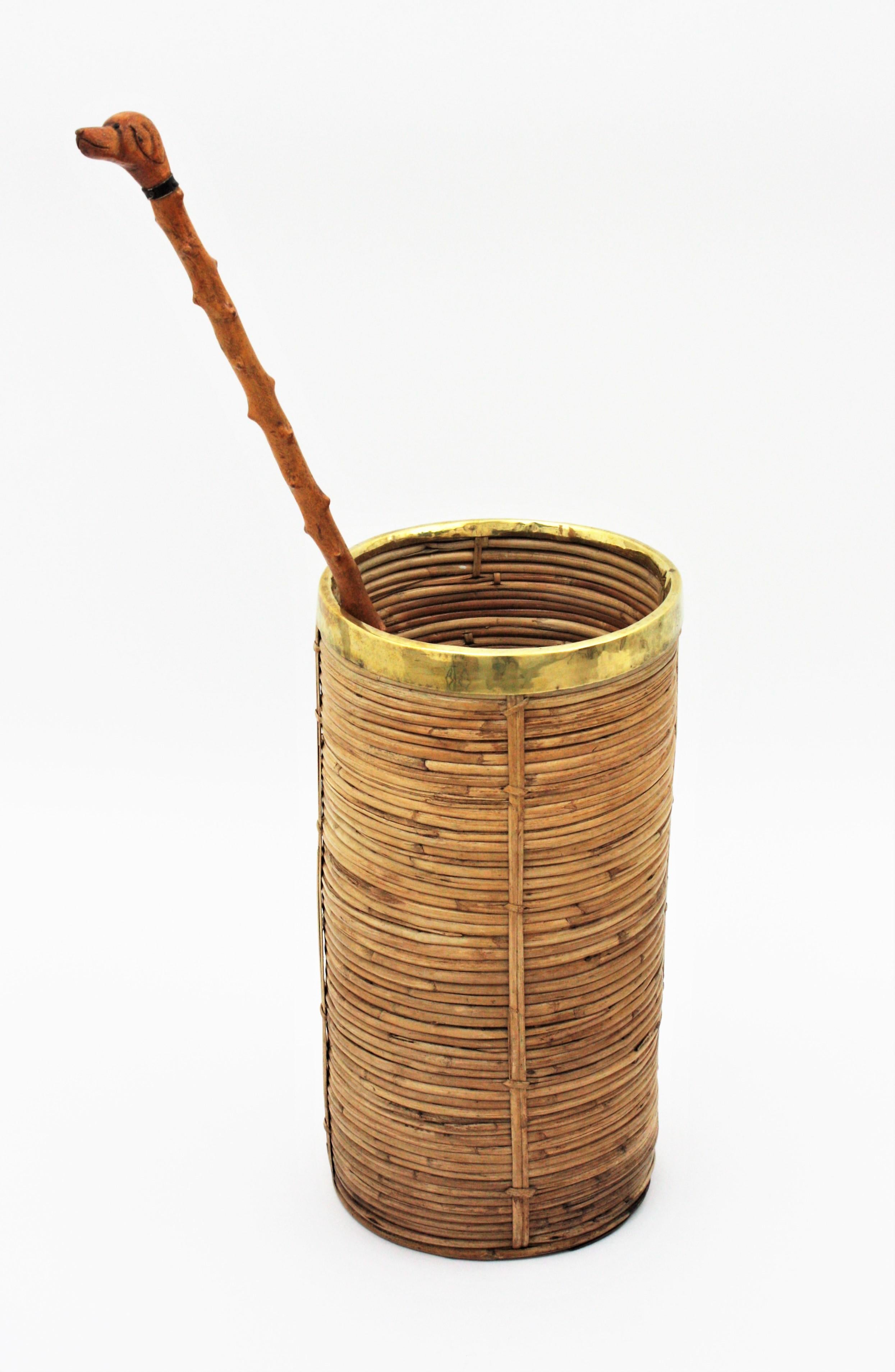 Italian Rattan and Bamboo Umbrella Stand with Brass Rim, Italy, 1970s