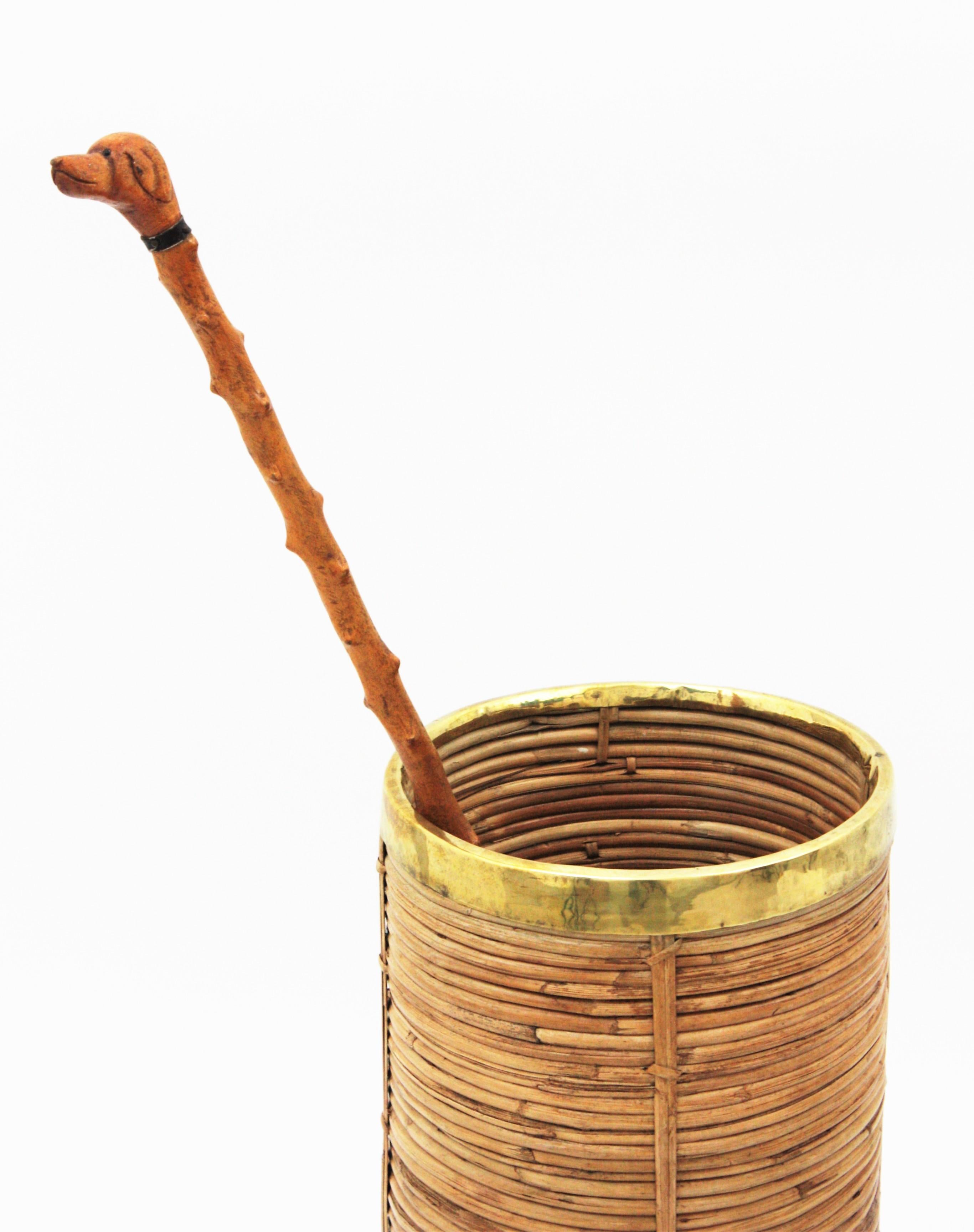 Rattan and Bamboo Umbrella Stand with Brass Rim, Italy, 1970s In Good Condition In Barcelona, ES