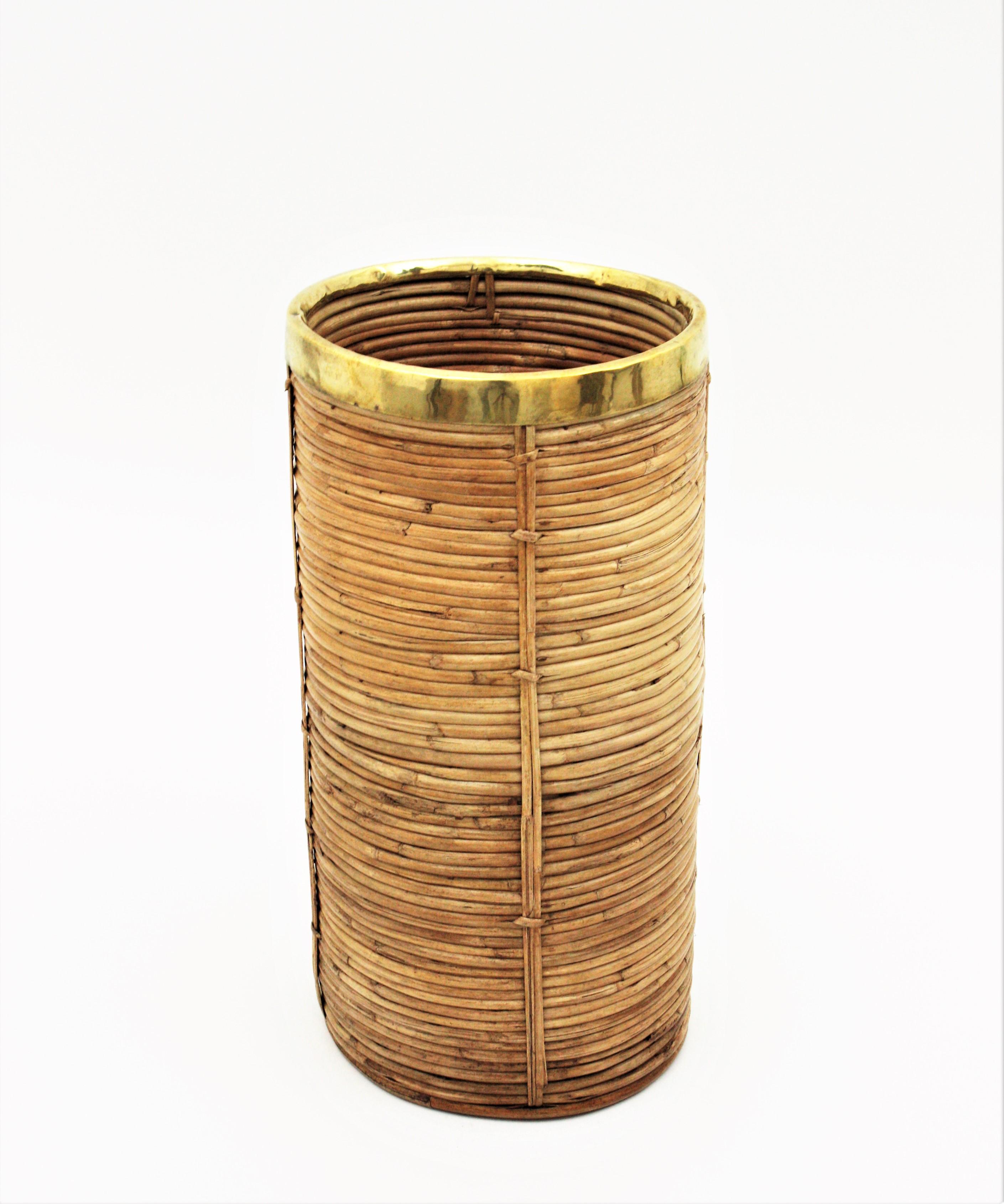 20th Century Rattan and Bamboo Umbrella Stand with Brass Rim, Italy, 1970s