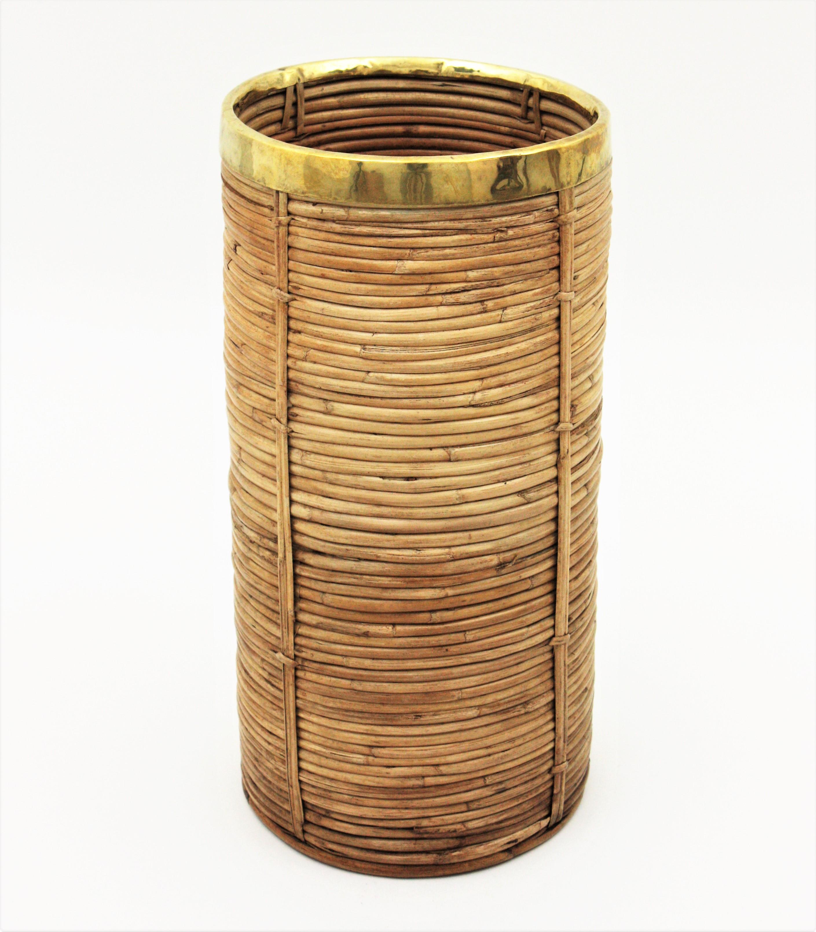 Rattan and Bamboo Umbrella Stand with Brass Rim, Italy, 1970s 1