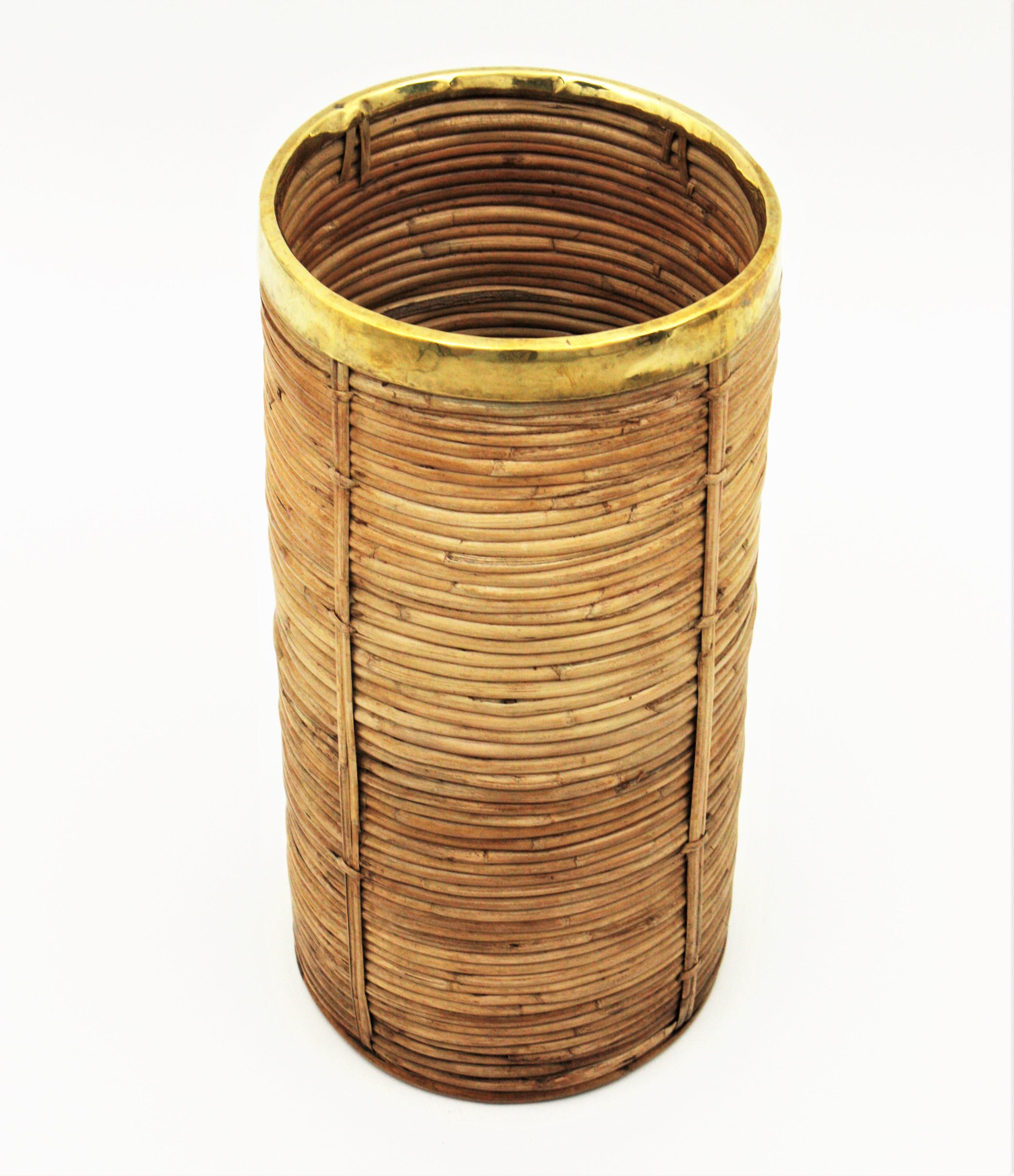 Rattan and Bamboo Umbrella Stand with Brass Rim, Italy, 1970s 2