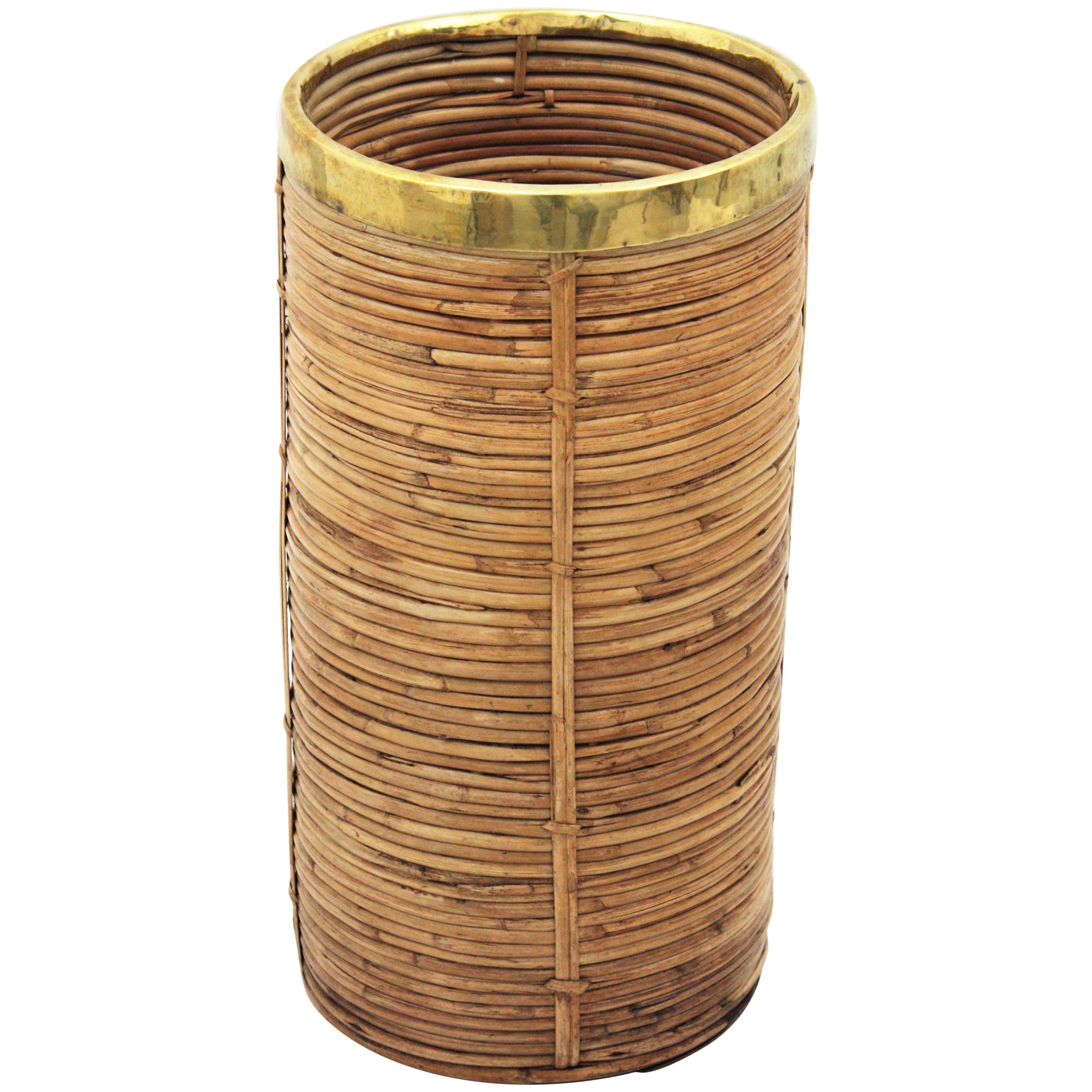 Rattan and Bamboo Umbrella Stand with Brass Rim, Italy, 1970s