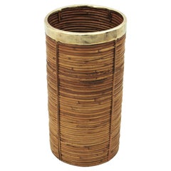 Rattan and Bamboo Umbrella Stand with Brass Rim, Italy, 1970s
