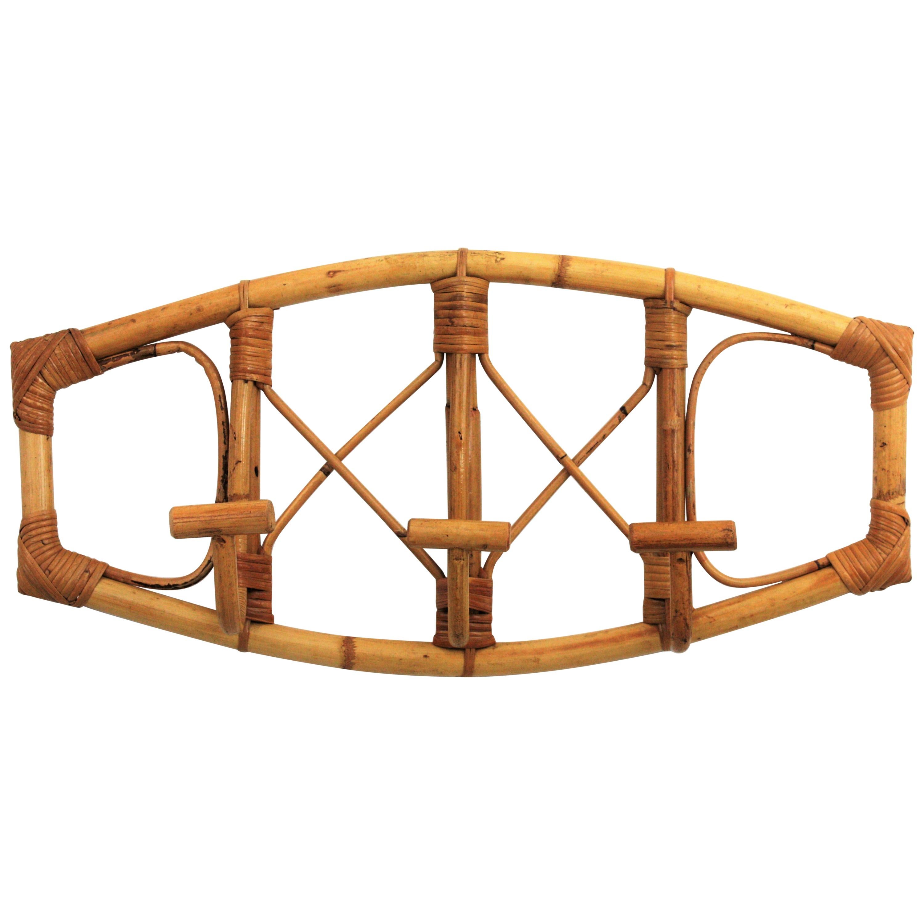 Mid-Century Modern Rattan and Bamboo Wall Coat Rack in the Style of Franco Albini For Sale