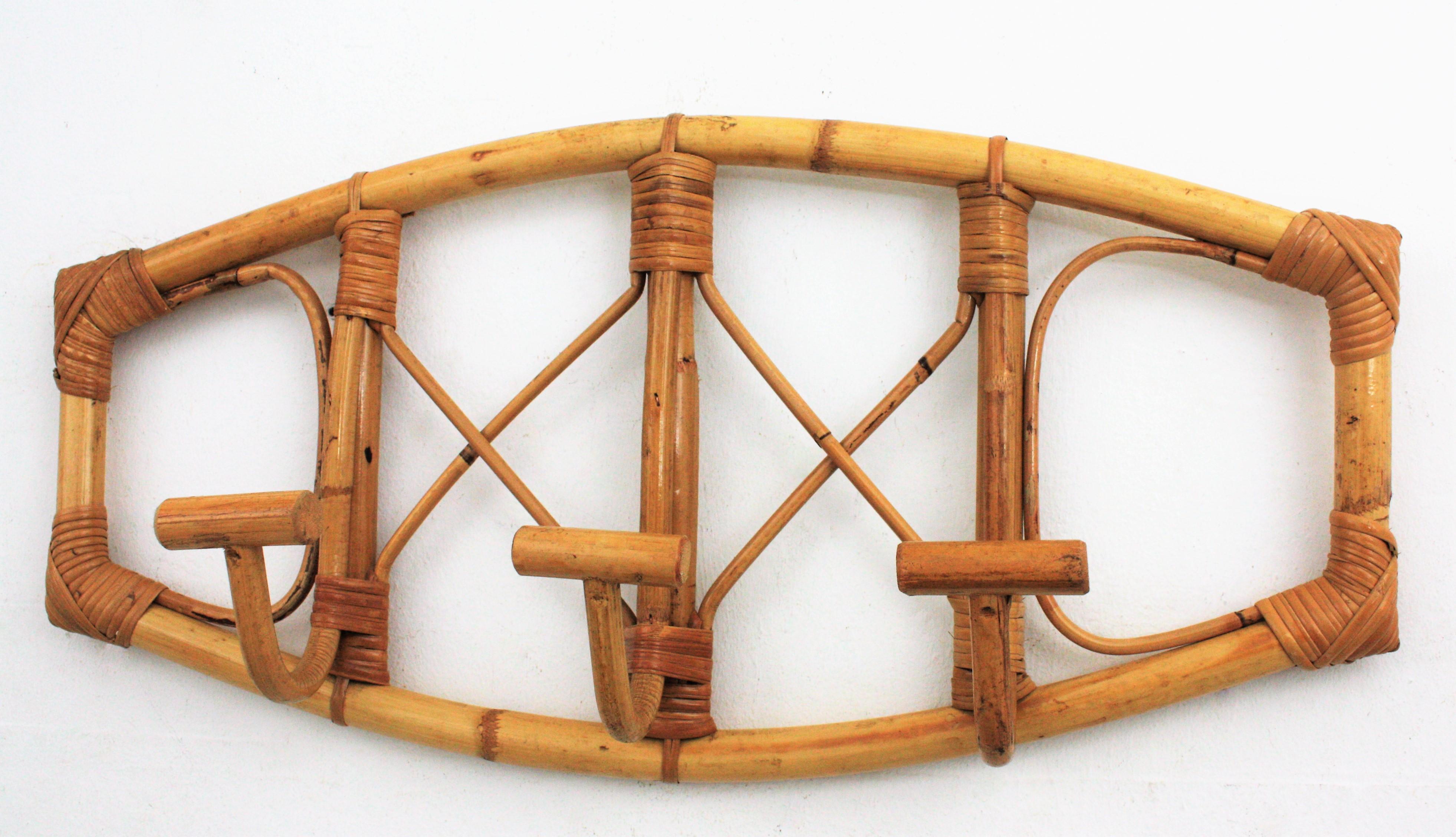 Rattan and Bamboo Wall Coat Rack in the Style of Franco Albini For Sale 2