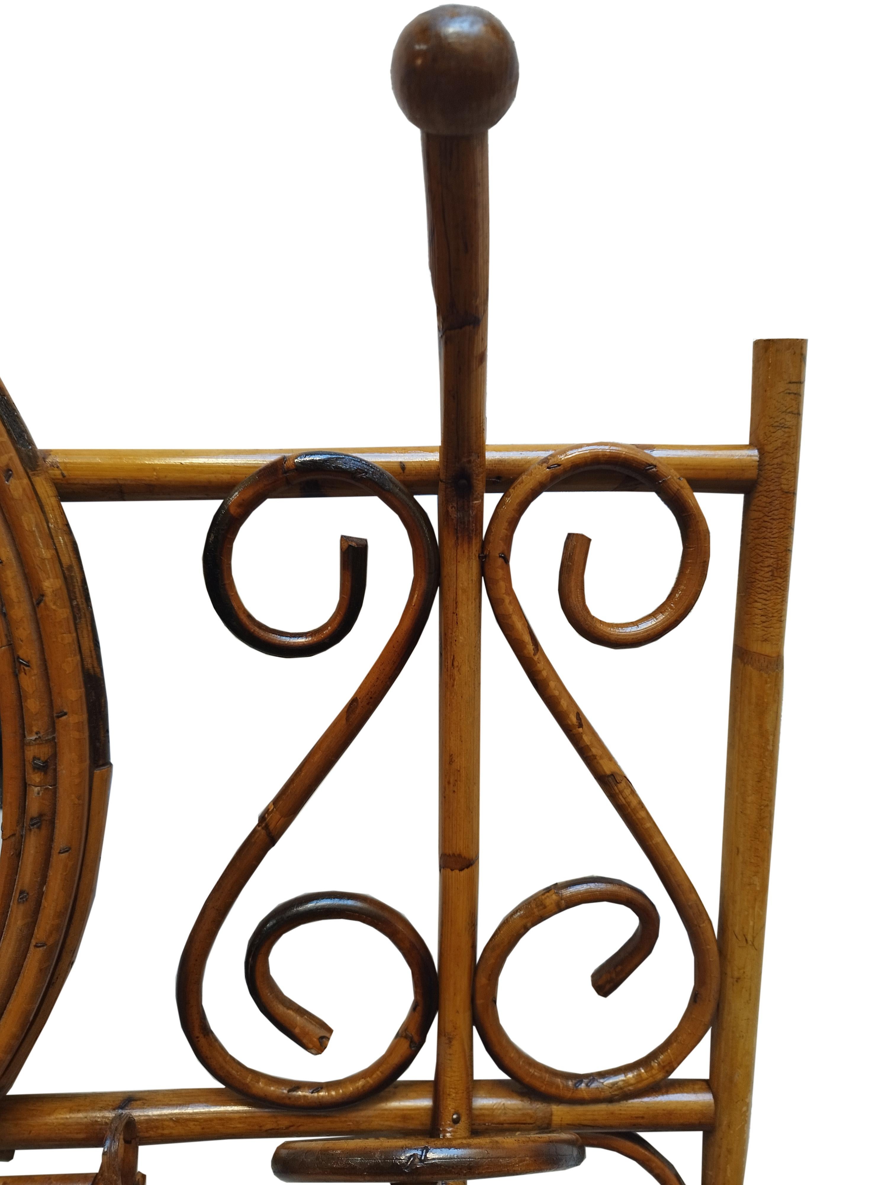 Italian Rattan and Bamboo Wall Coat Rack with Mirror and Shelf, Italy, 1960s For Sale
