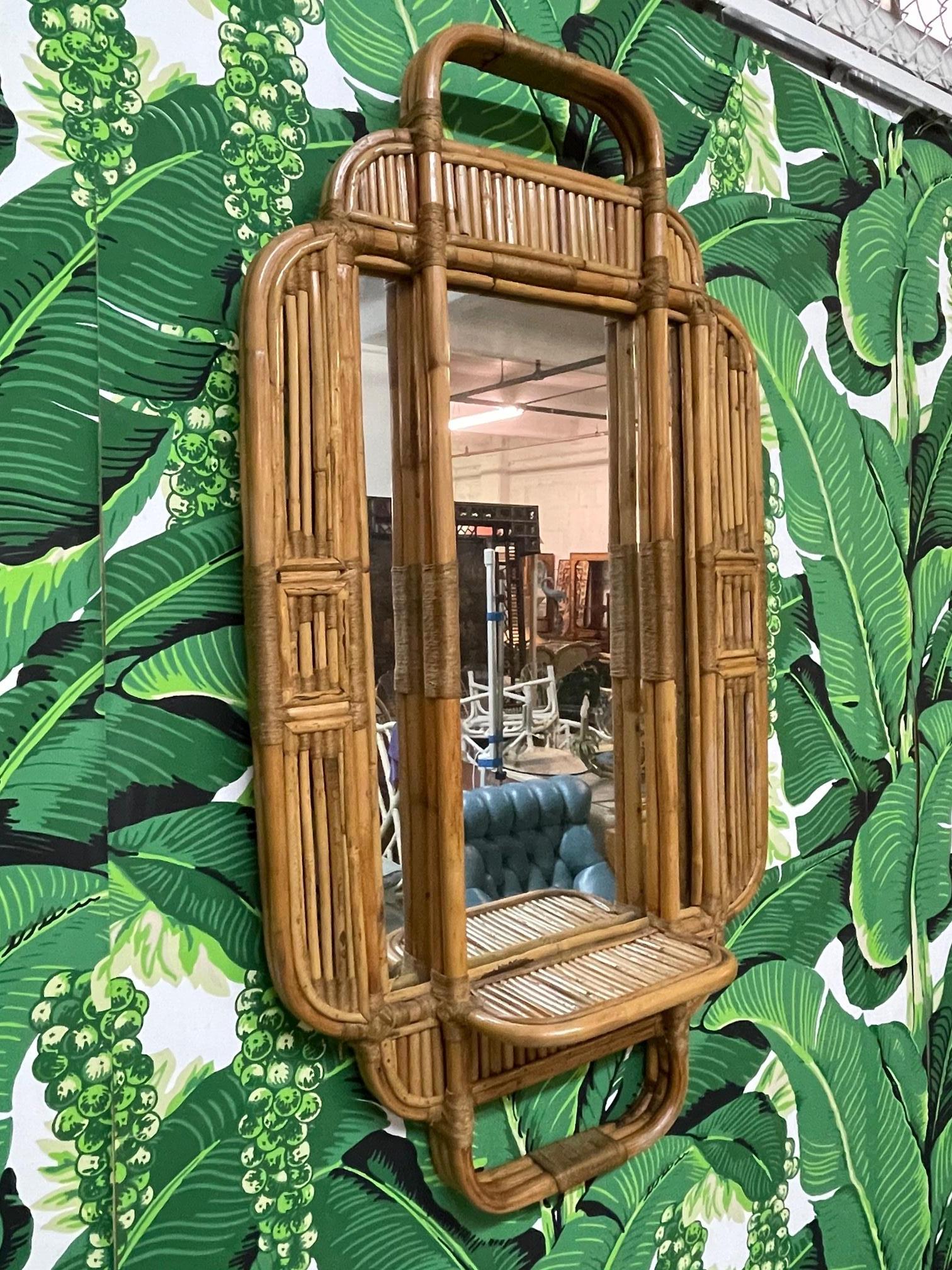 Organic Modern Rattan and Bamboo Wall Mirror Shelf