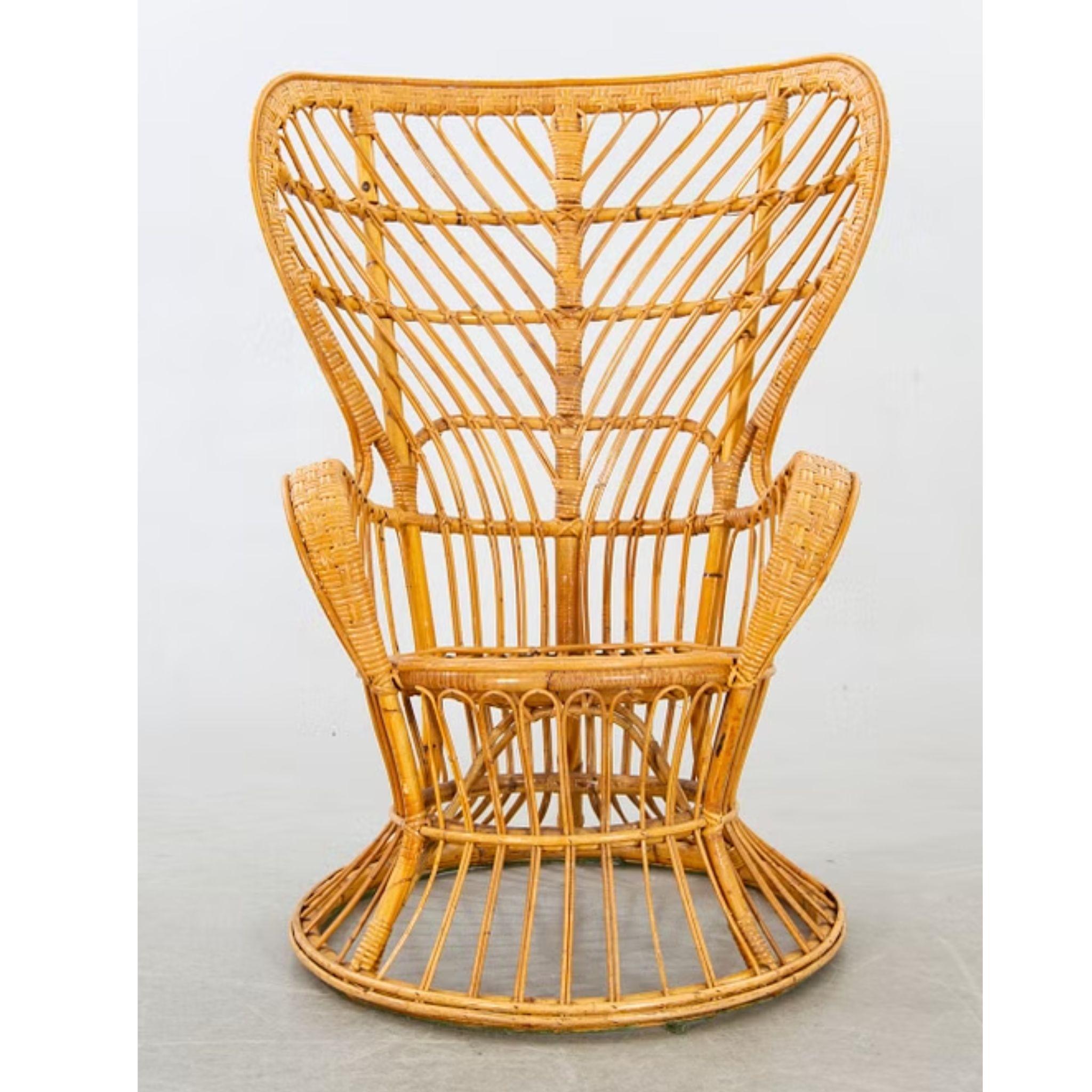 Scandinave moderne Rattan and Bamboo Wingback Armchair Attributed to Gio Ponti, 1970s to 1980s en vente