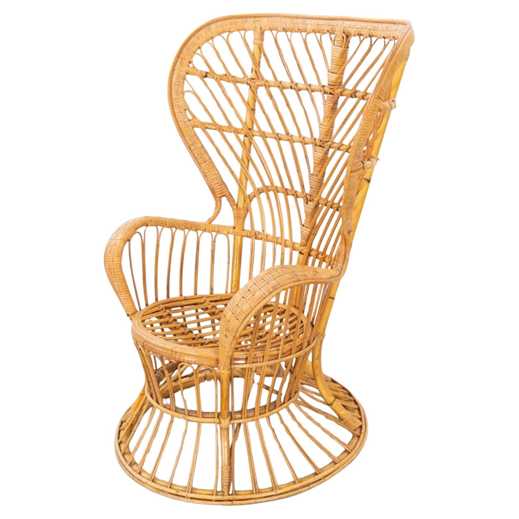 Rattan and Bamboo Wingback Armchair Attributed to Gio Ponti, 1970s to 1980s
