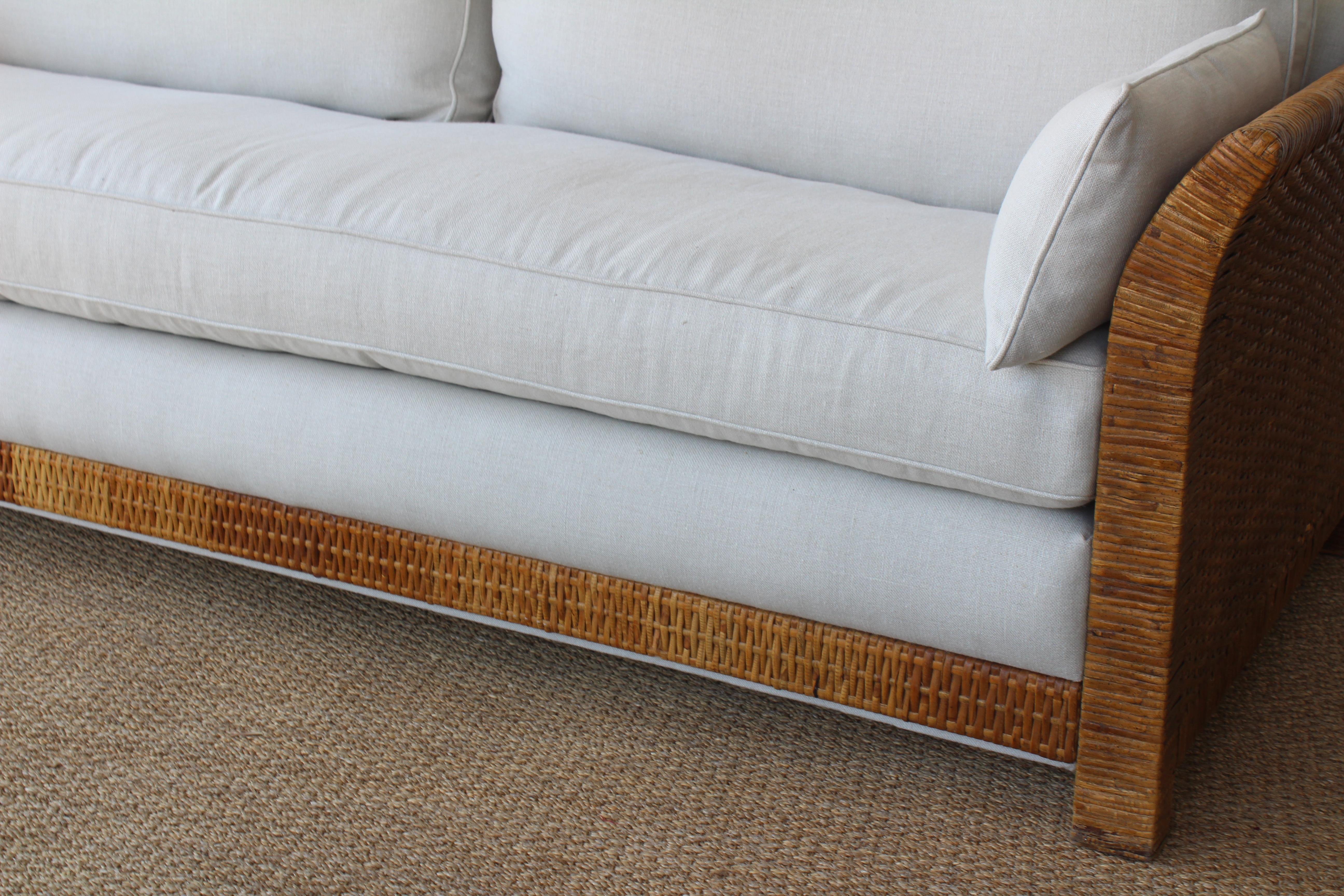 Rattan and Belgian Linen Sofa, 1960s 5