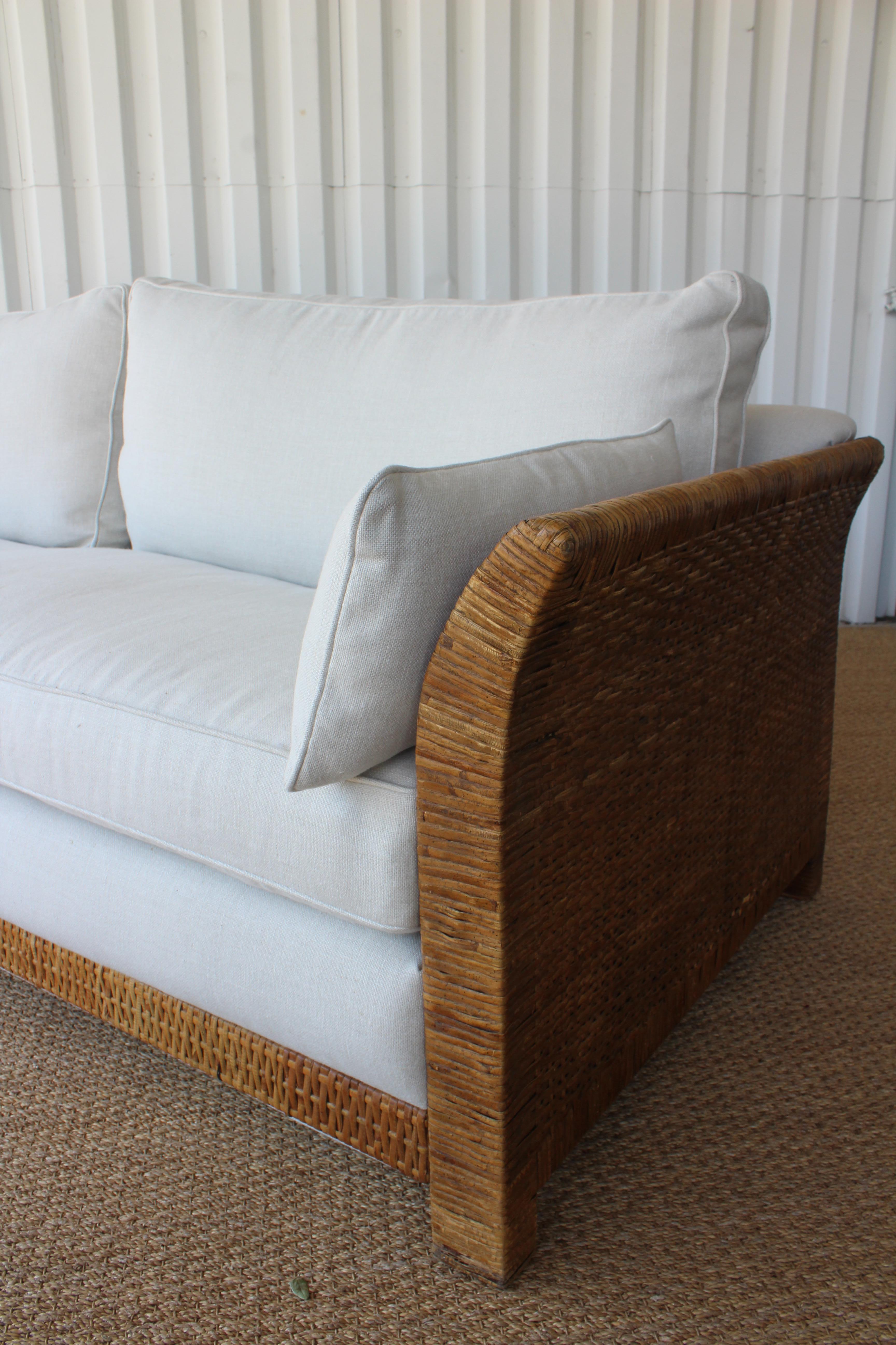 Rattan and Belgian Linen Sofa, 1960s 6